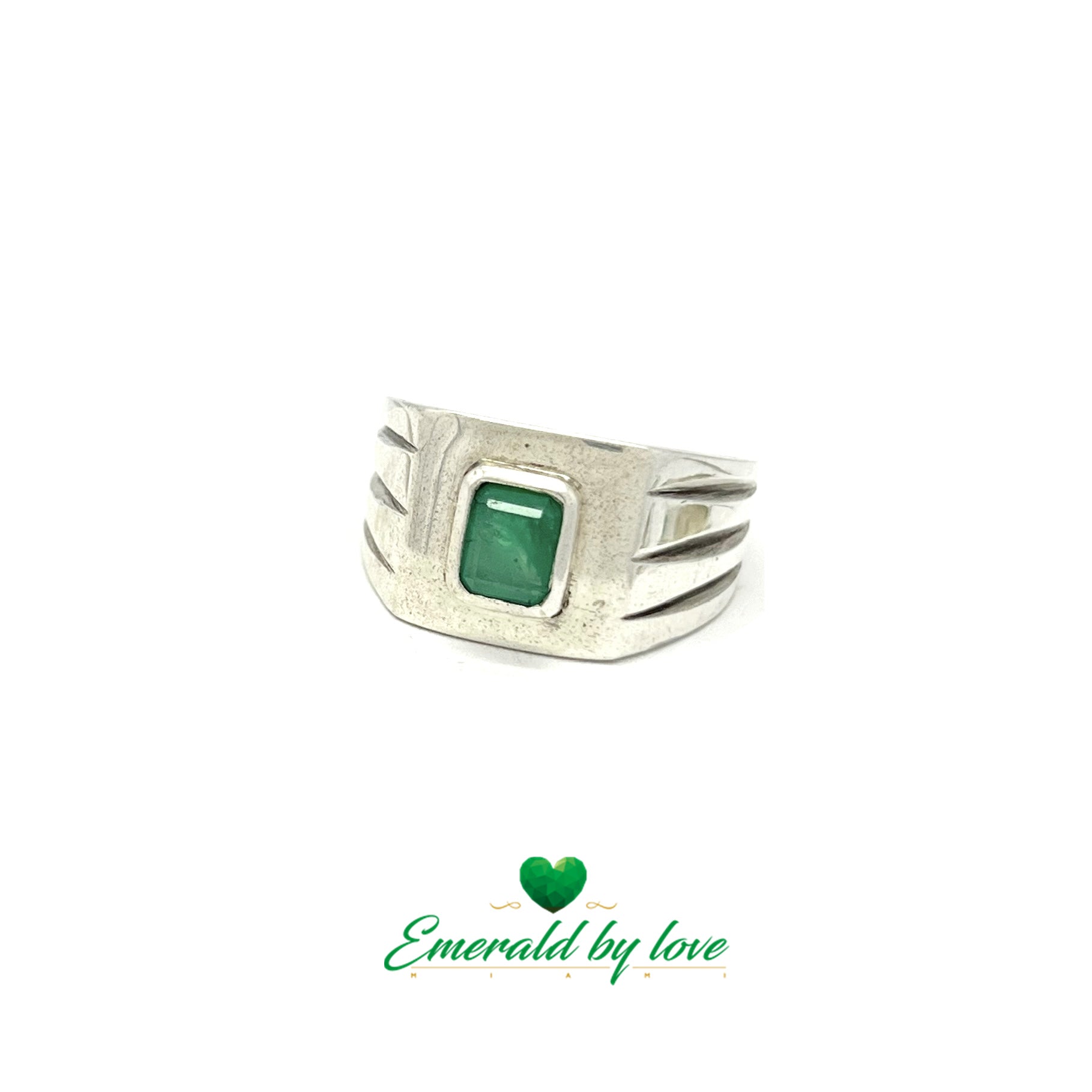 Men's Silver Ring with Square Colombian Emerald in Bezel Setting and Decorative Lines