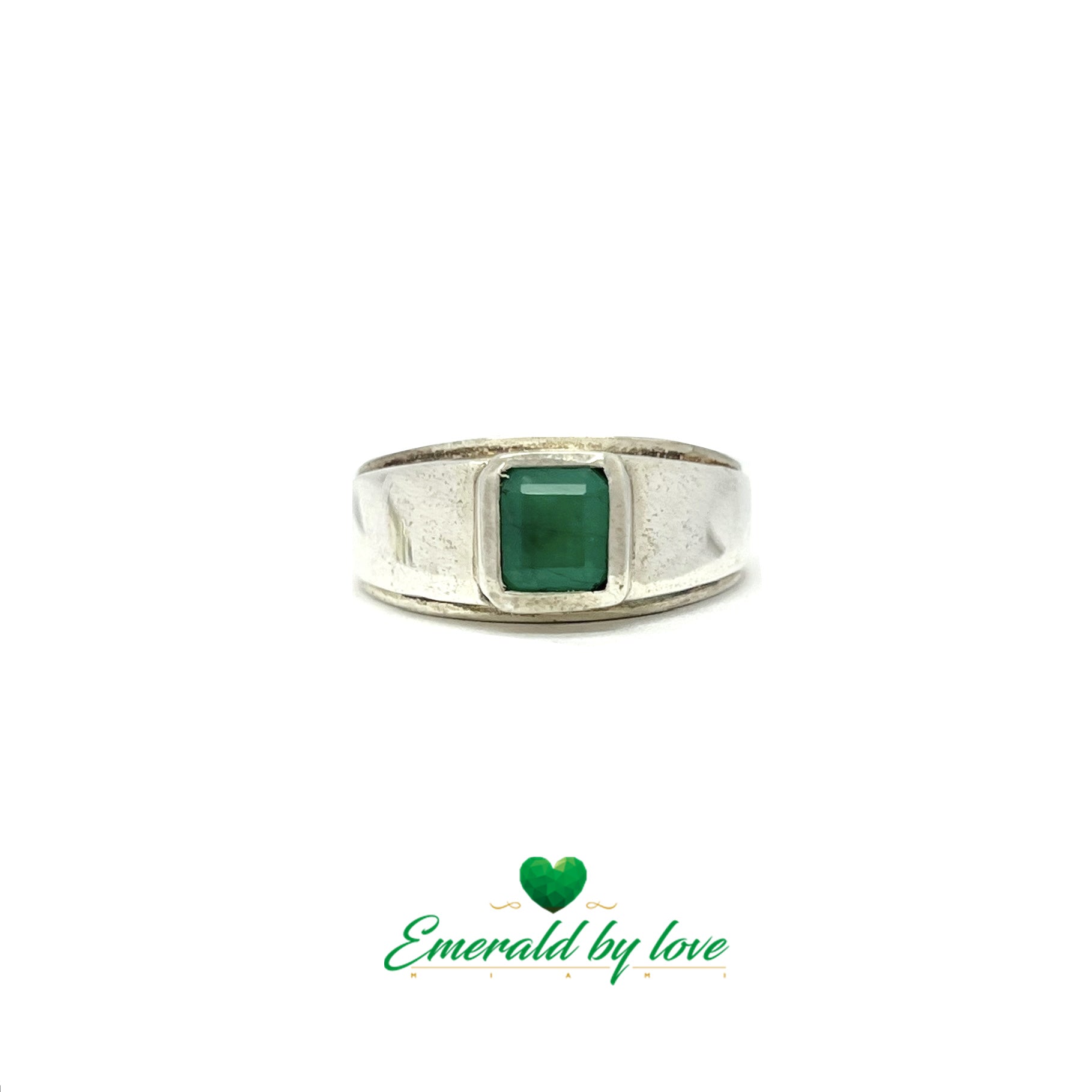 Simple Men's Silver Ring with Central Rectangular Emerald