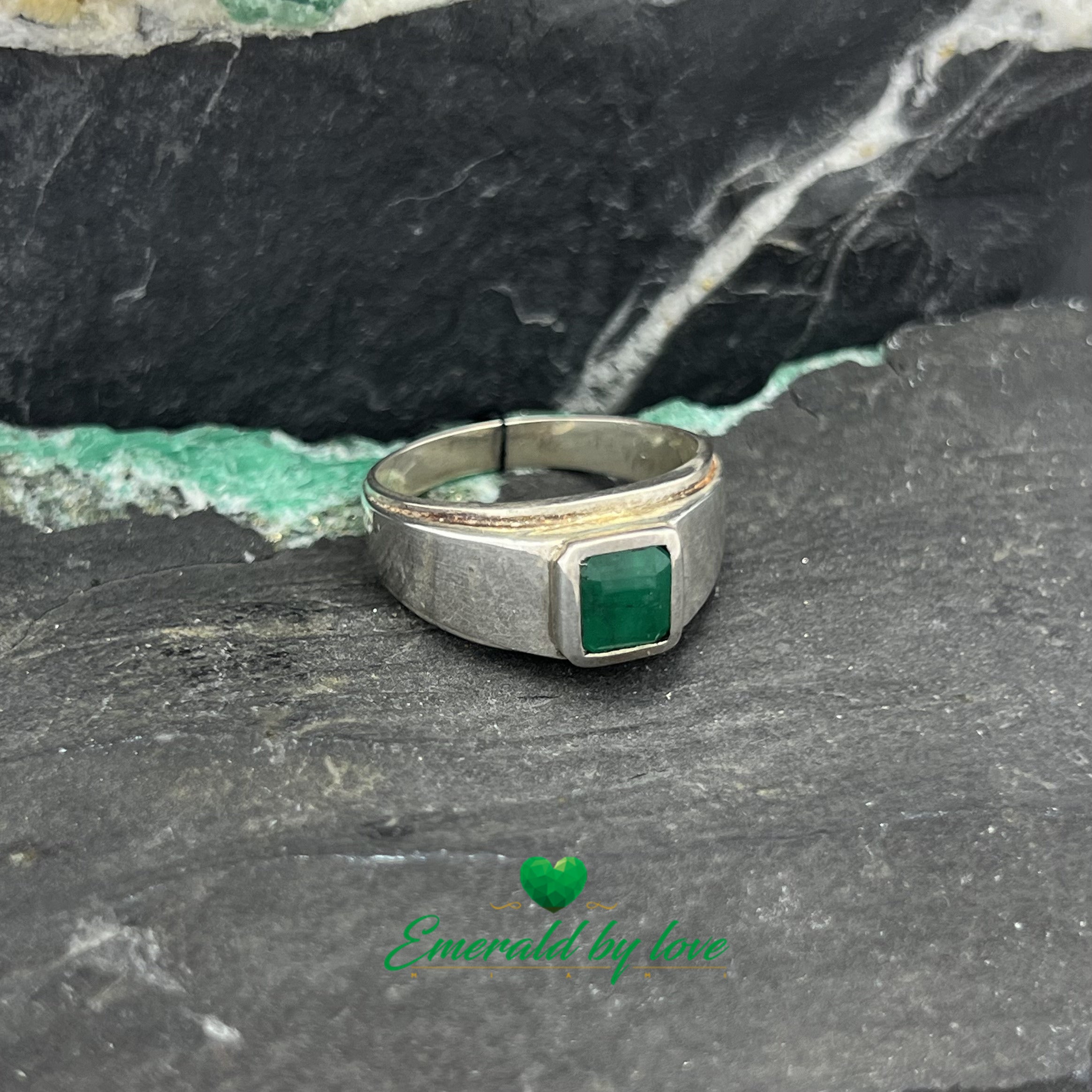 Simple Men's Silver Ring with Central Rectangular Emerald