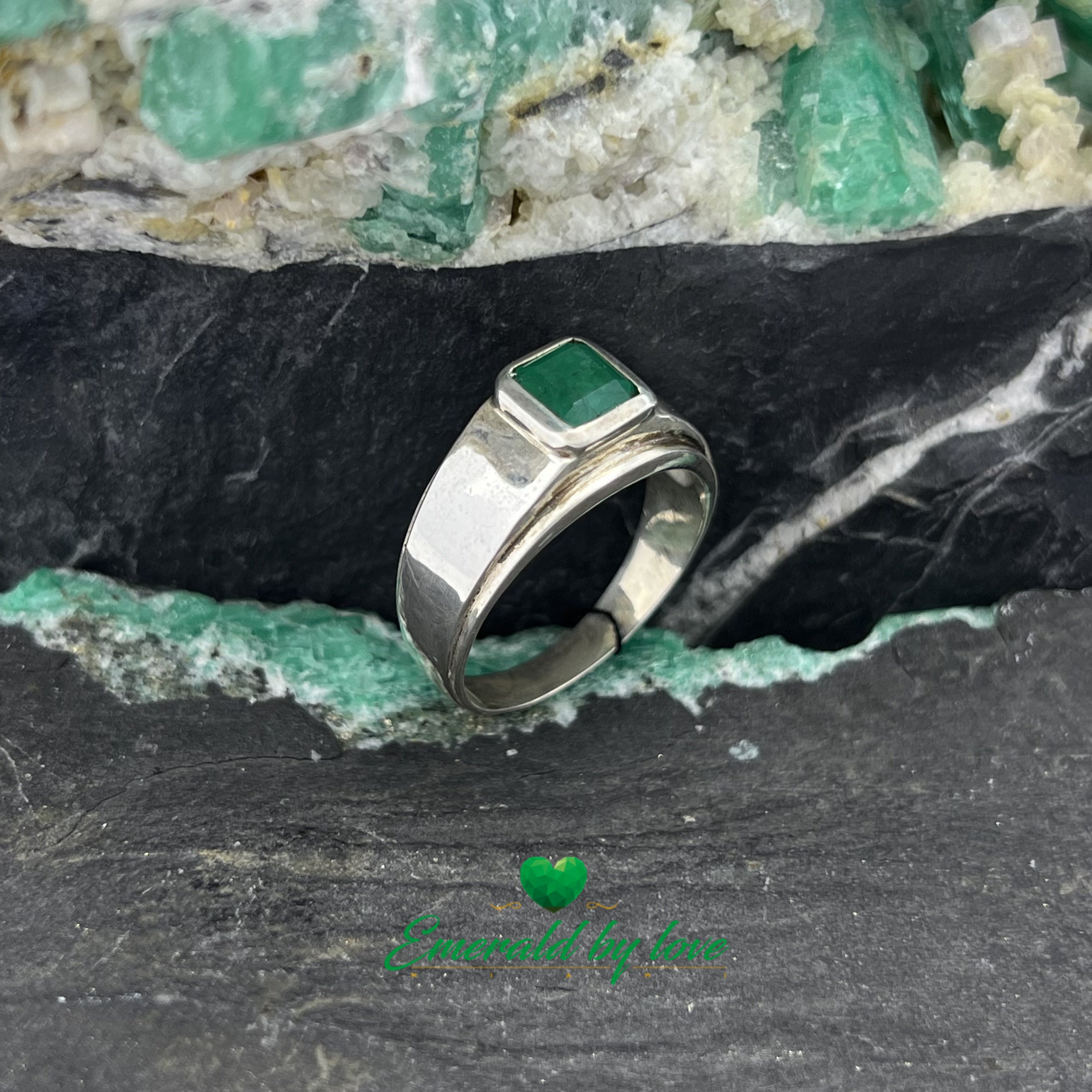 Simple Men's Silver Ring with Central Rectangular Emerald