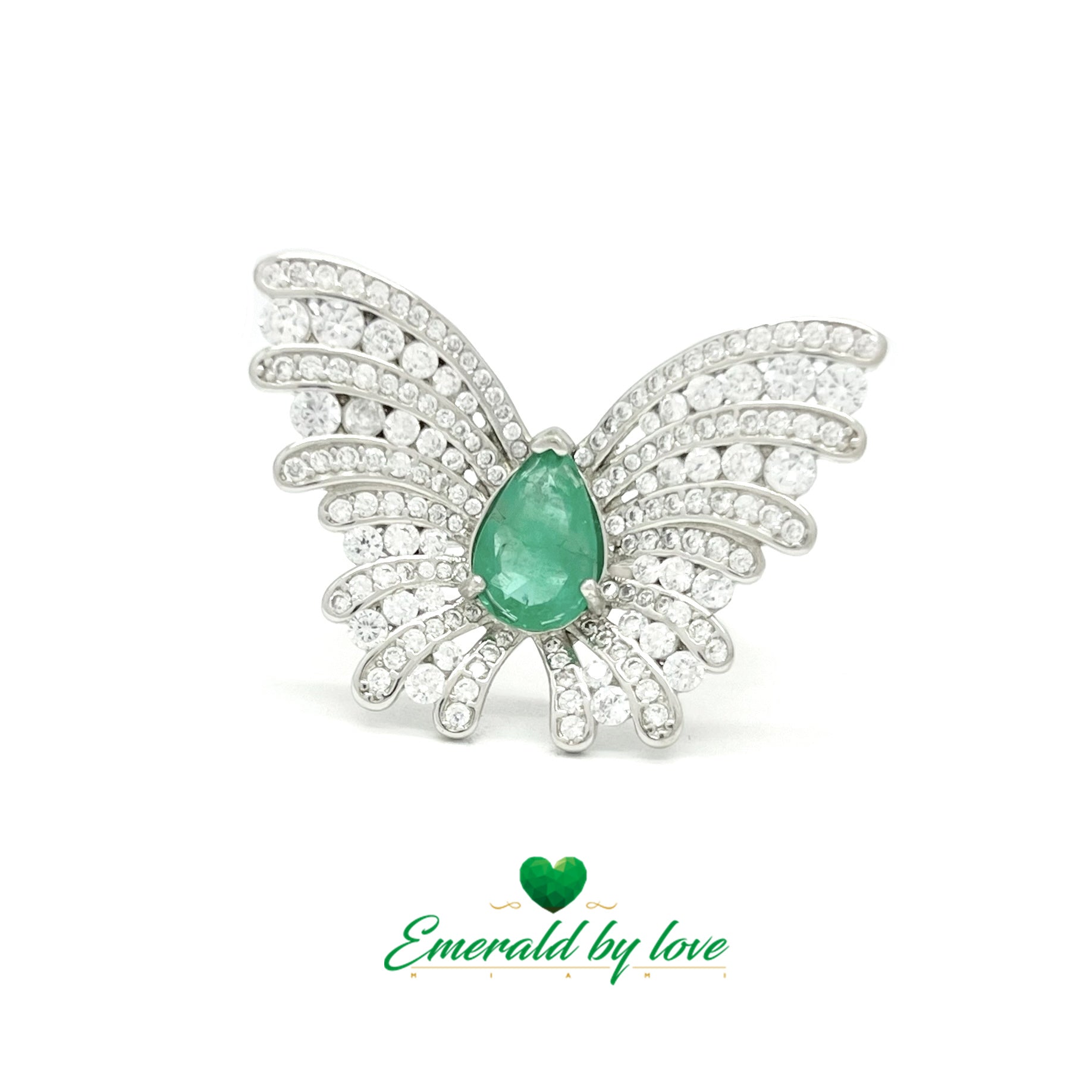 Statement Butterfly Ring with Pear-Shaped Central Emerald and White Zircon Accents