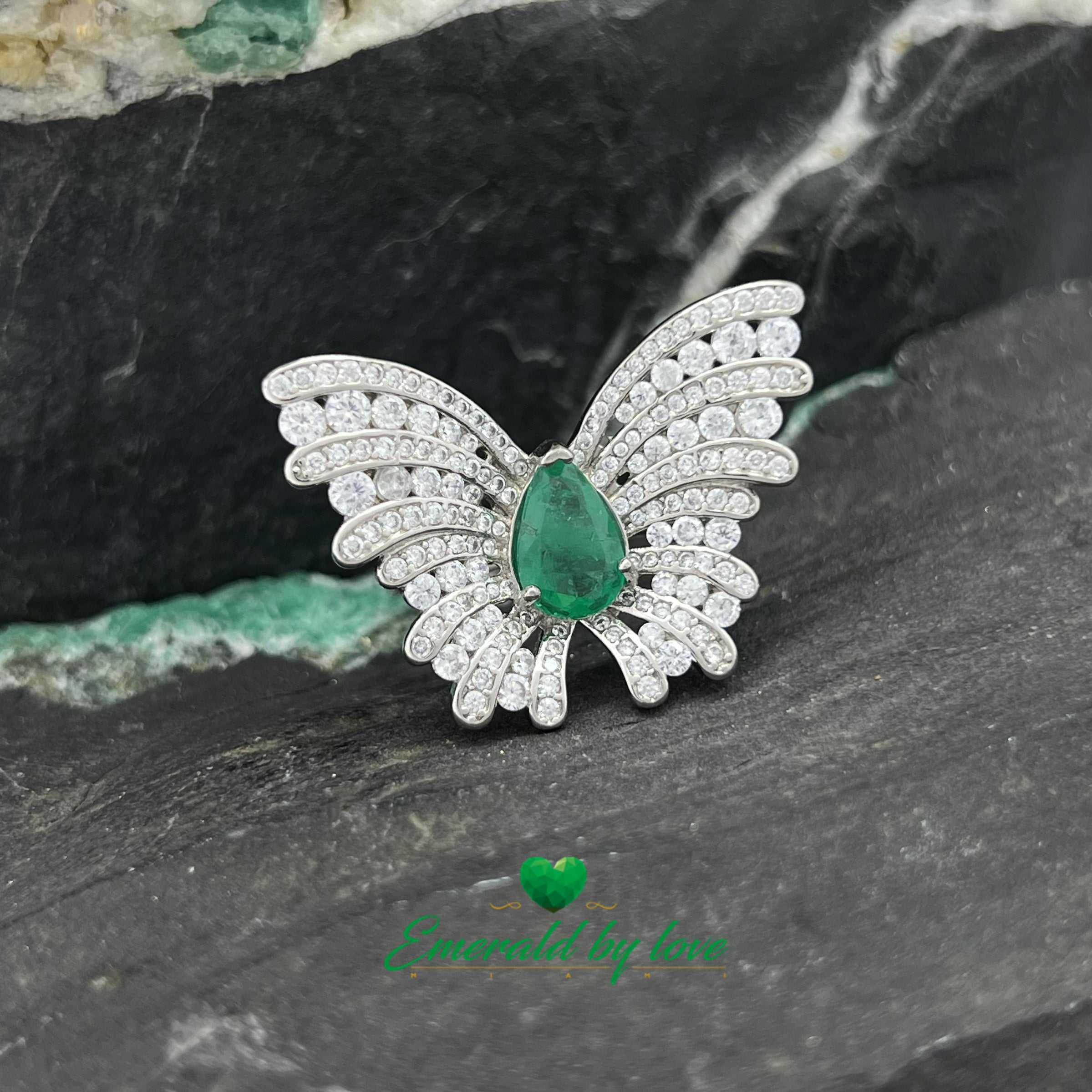 Statement Butterfly Ring with Pear-Shaped Central Emerald and White Zircon Accents