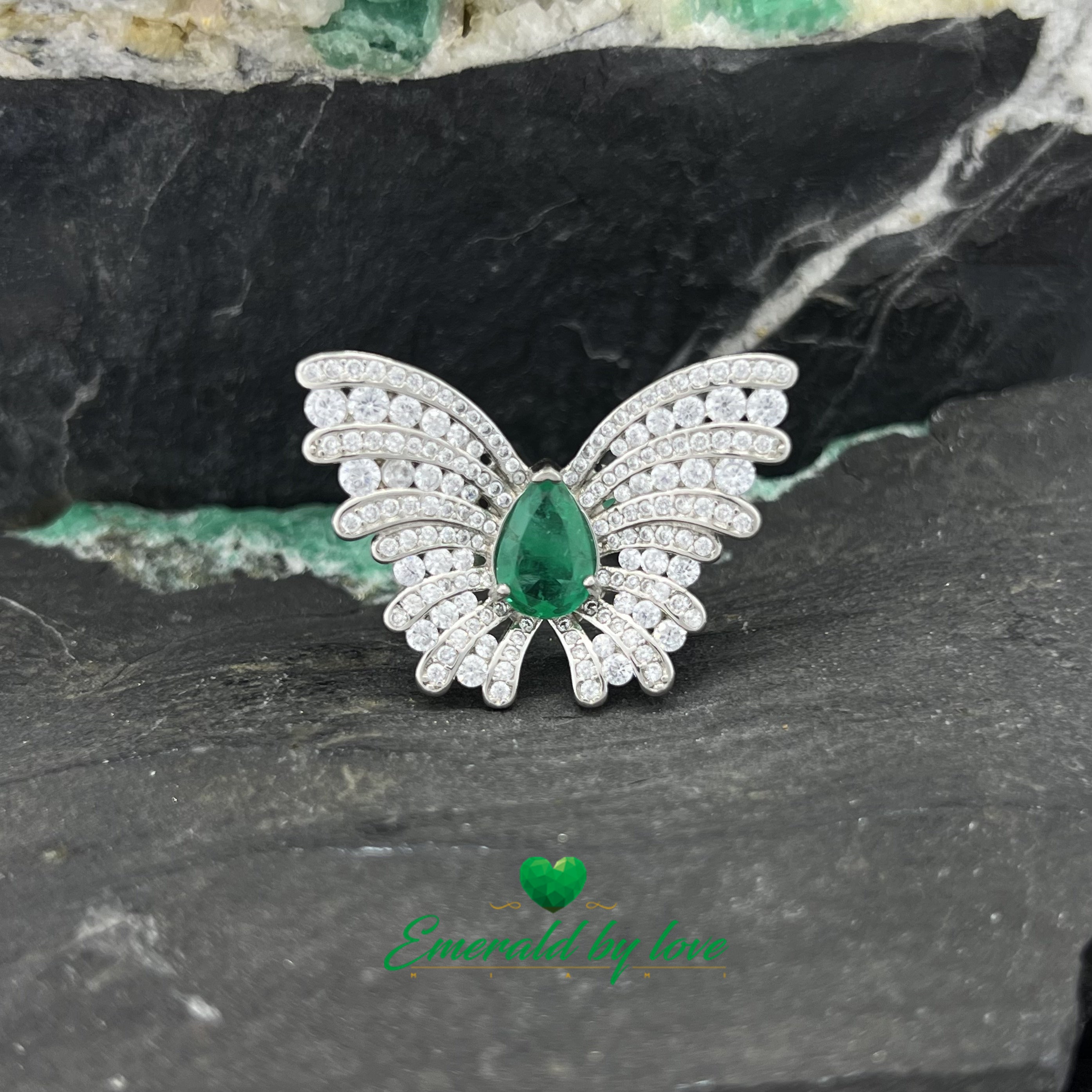 Statement Butterfly Ring with Pear-Shaped Central Emerald and White Zircon Accents