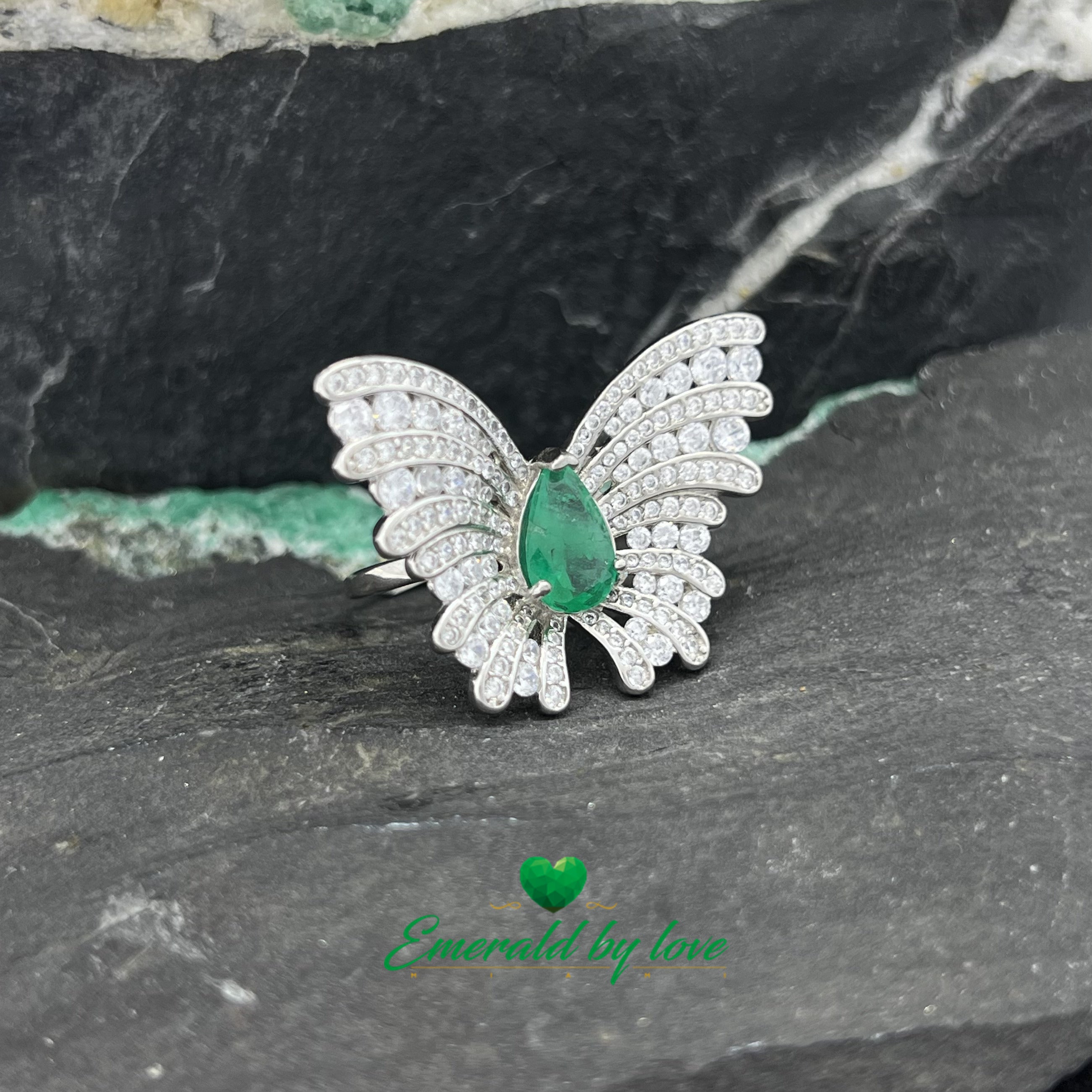 Statement Butterfly Ring with Pear-Shaped Central Emerald and White Zircon Accents