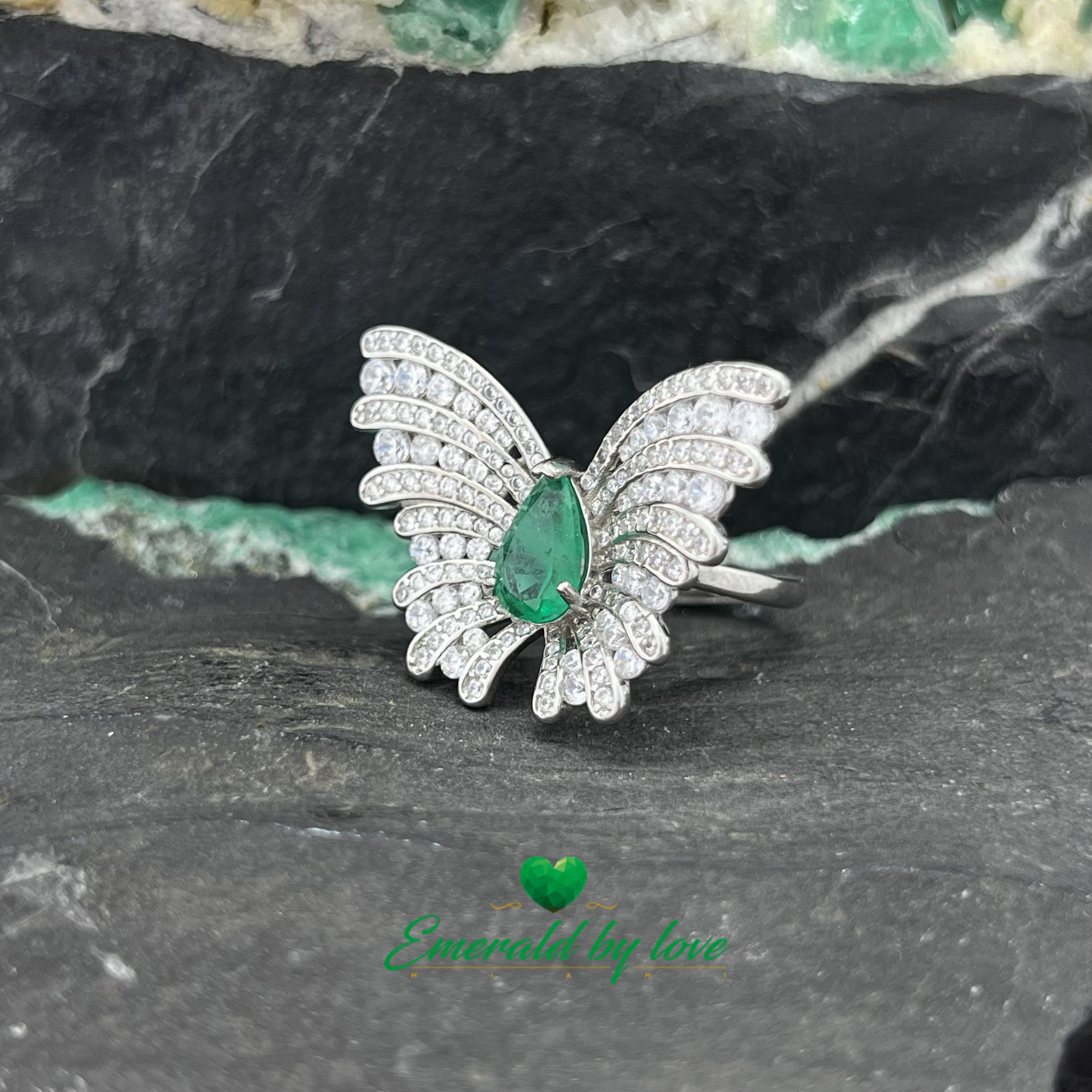 Statement Butterfly Ring with Pear-Shaped Central Emerald and White Zircon Accents