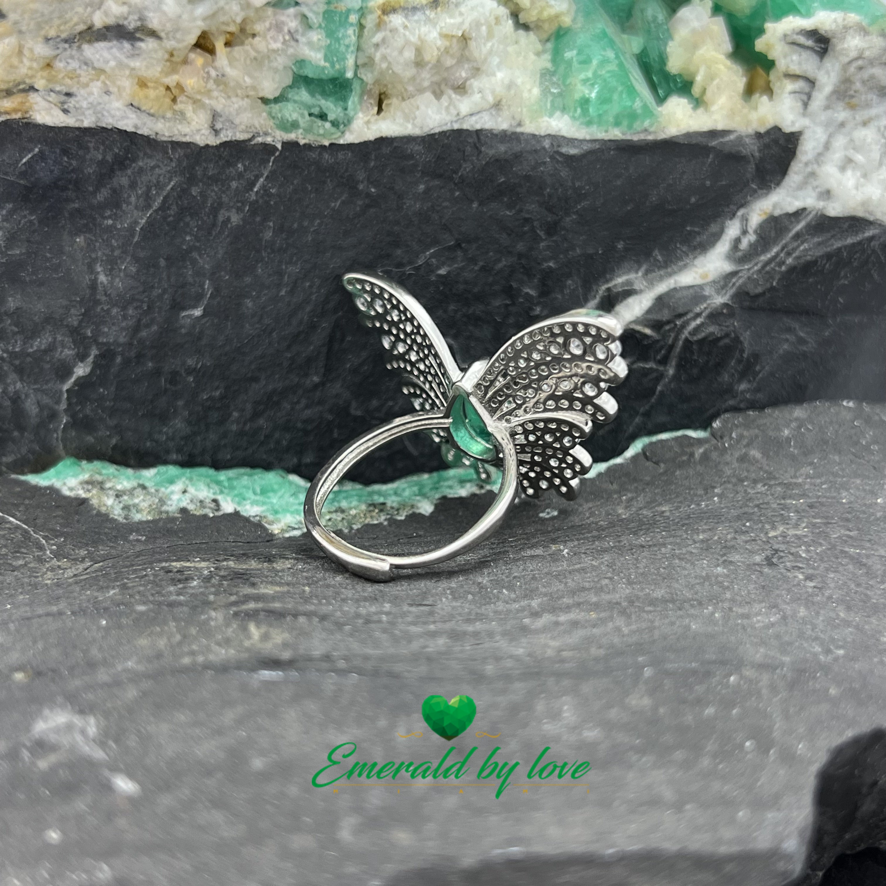 Statement Butterfly Ring with Pear-Shaped Central Emerald and White Zircon Accents