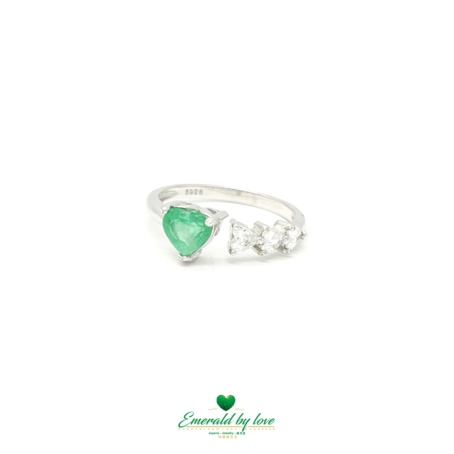 Open Band Ring with Heart-Shaped Emerald and Trio of Heart Zircons