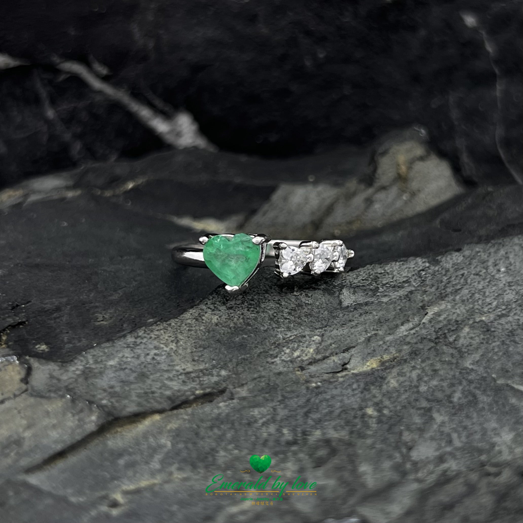 Open Band Ring with Heart-Shaped Emerald and Trio of Heart Zircons