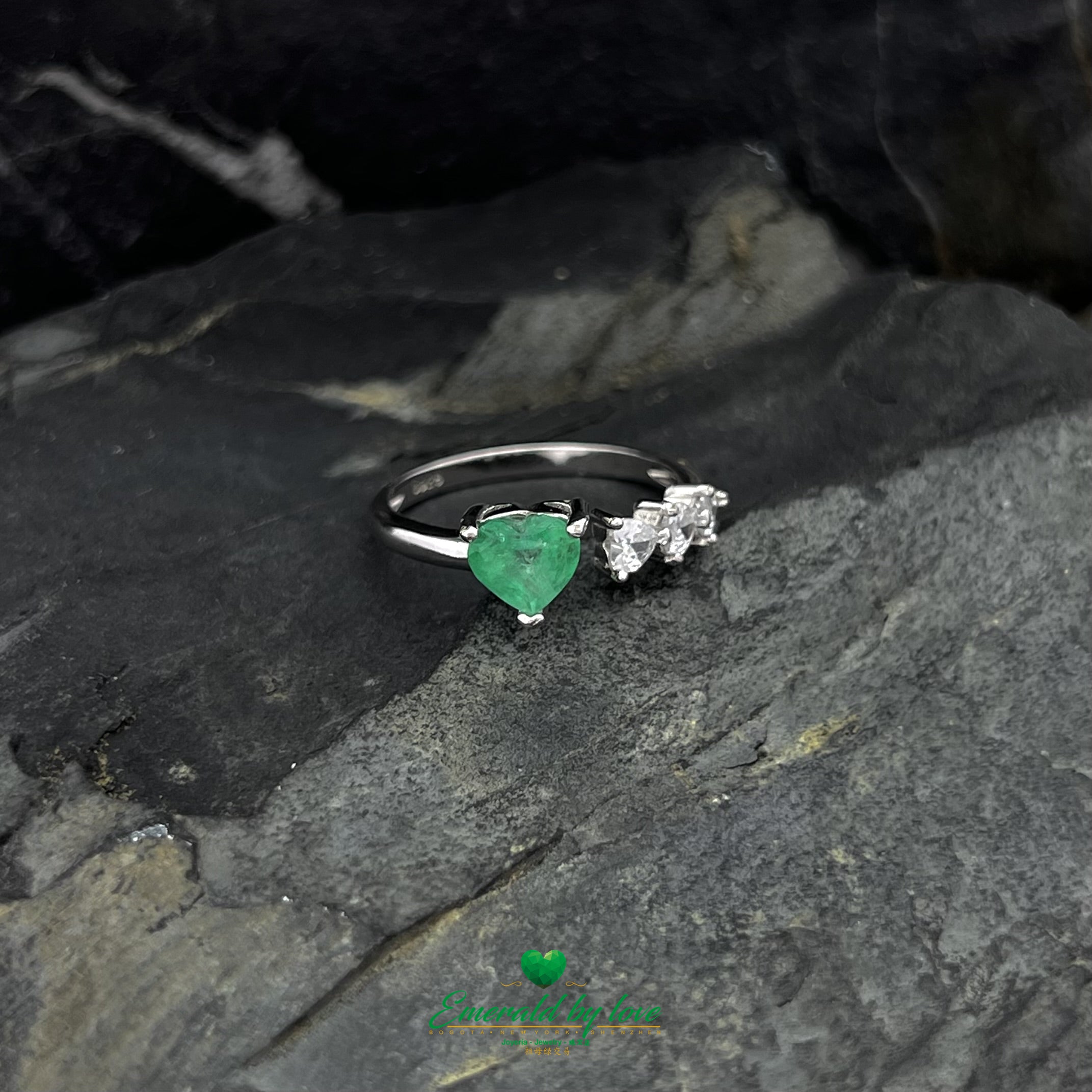 Open Band Ring with Heart-Shaped Emerald and Trio of Heart Zircons