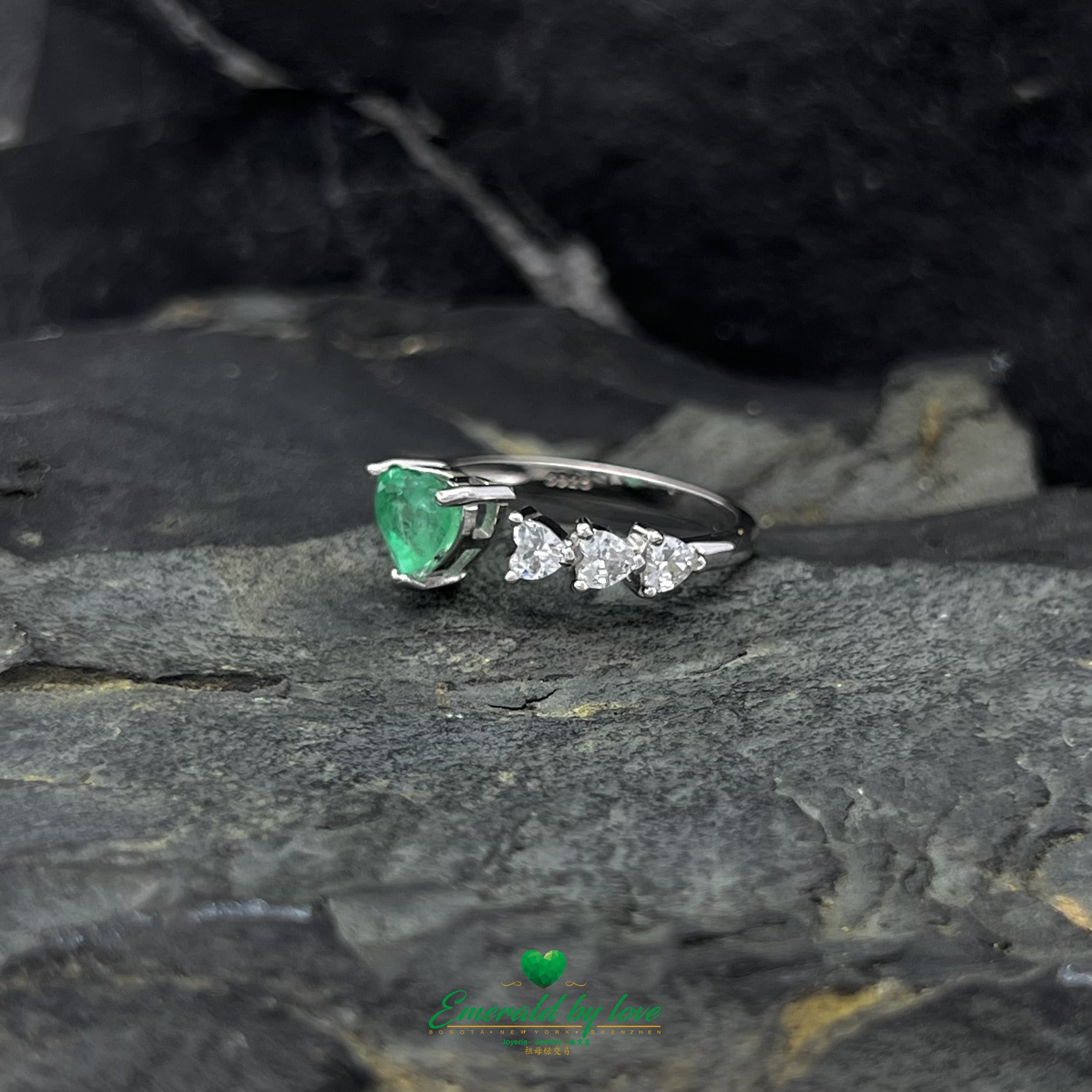 Open Band Ring with Heart-Shaped Emerald and Trio of Heart Zircons