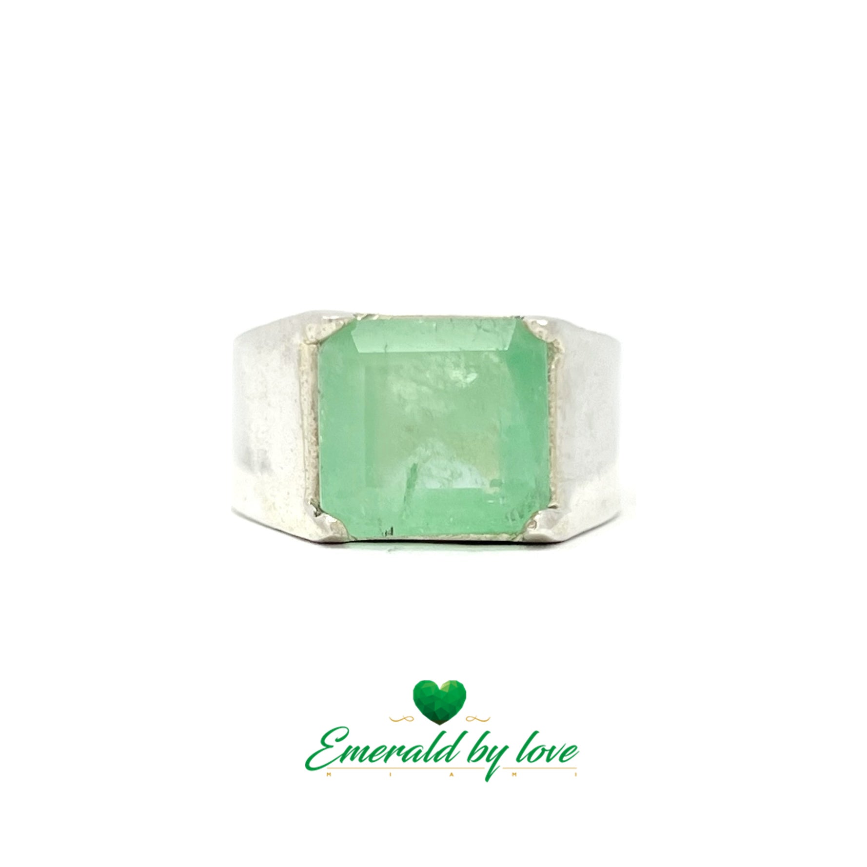 Men's Silver Ring with Horizontal Rectangular Crystal-Quality Emerald