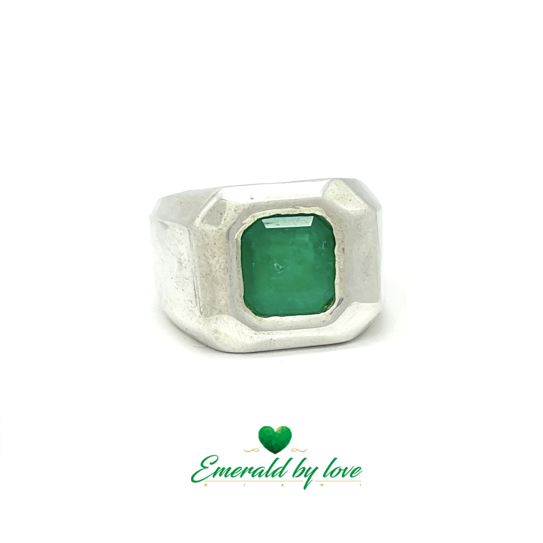 Men's Thick Band Ring with Square Emerald in Bezel Setting