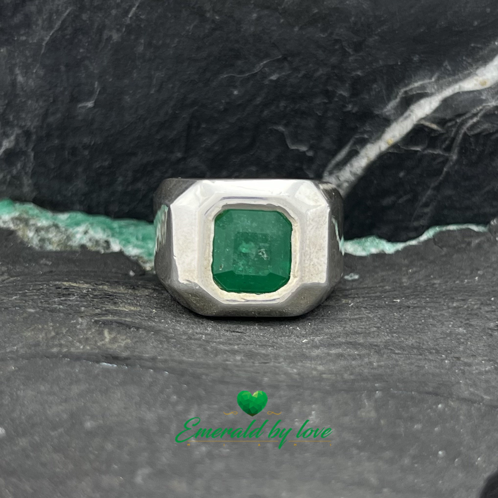 Men's Thick Band Ring with Square Emerald in Bezel Setting