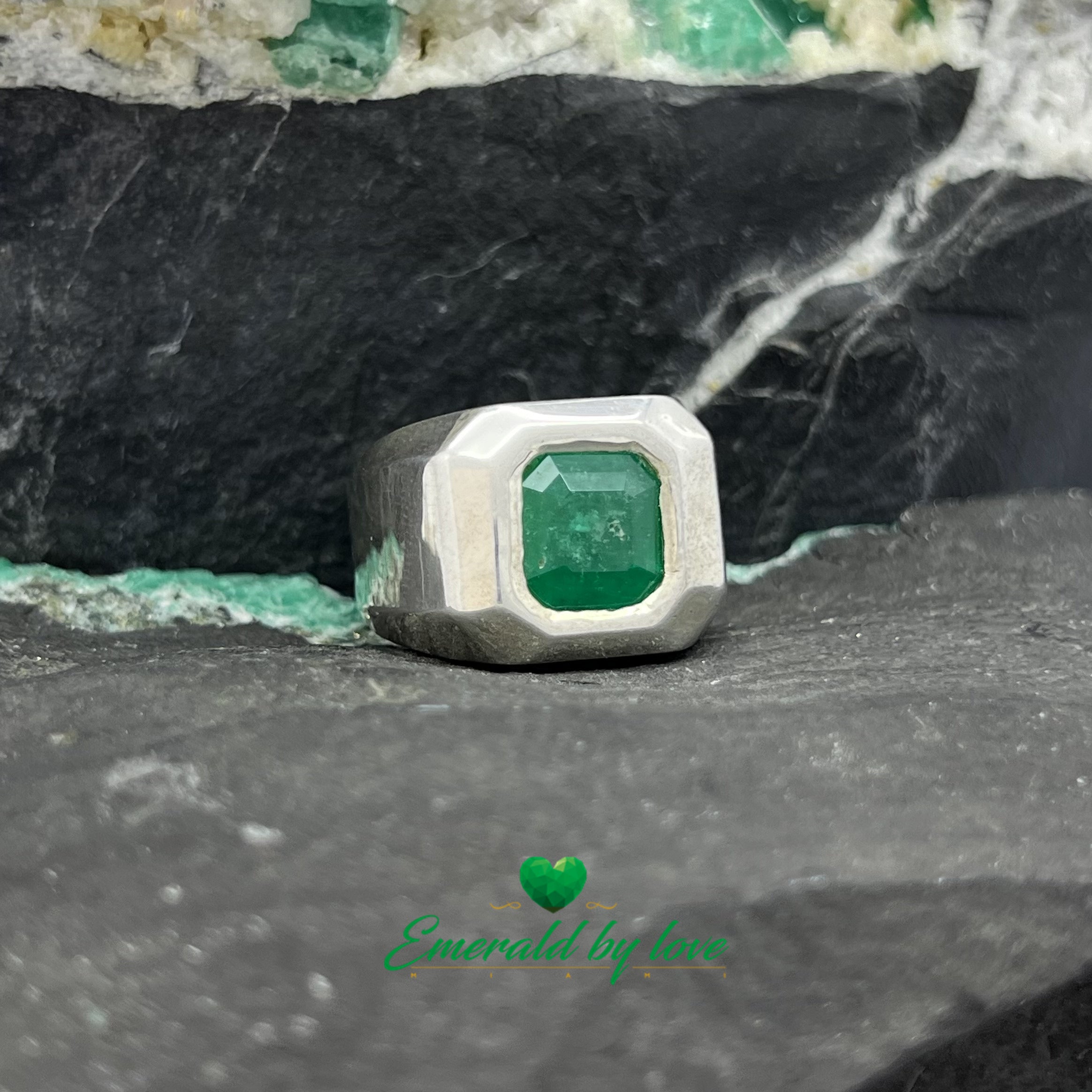 Men's Thick Band Ring with Square Emerald in Bezel Setting