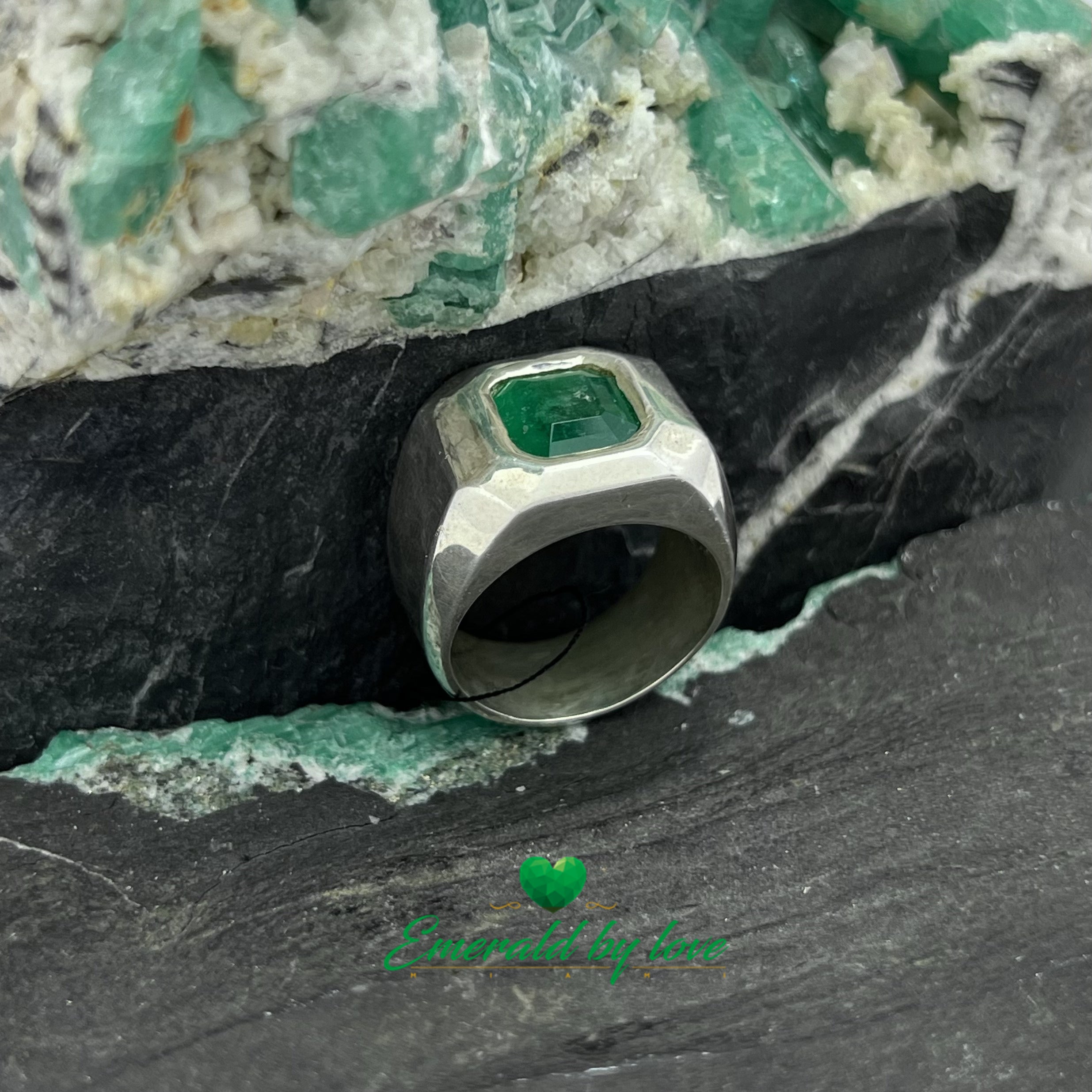 Men's Thick Band Ring with Square Emerald in Bezel Setting