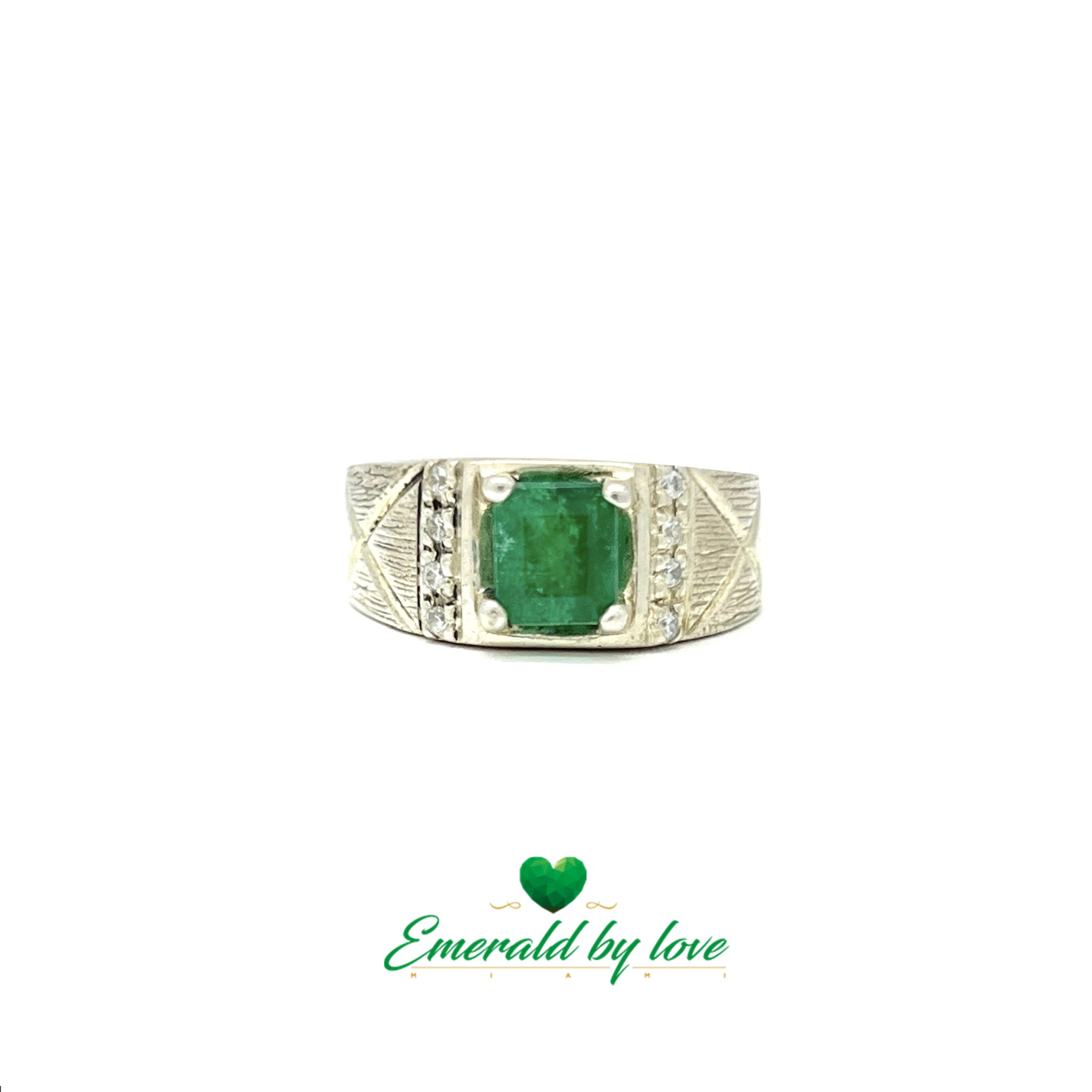 Elegant Silver Ring with Rectangular Emerald and Decorative Zircon Lines