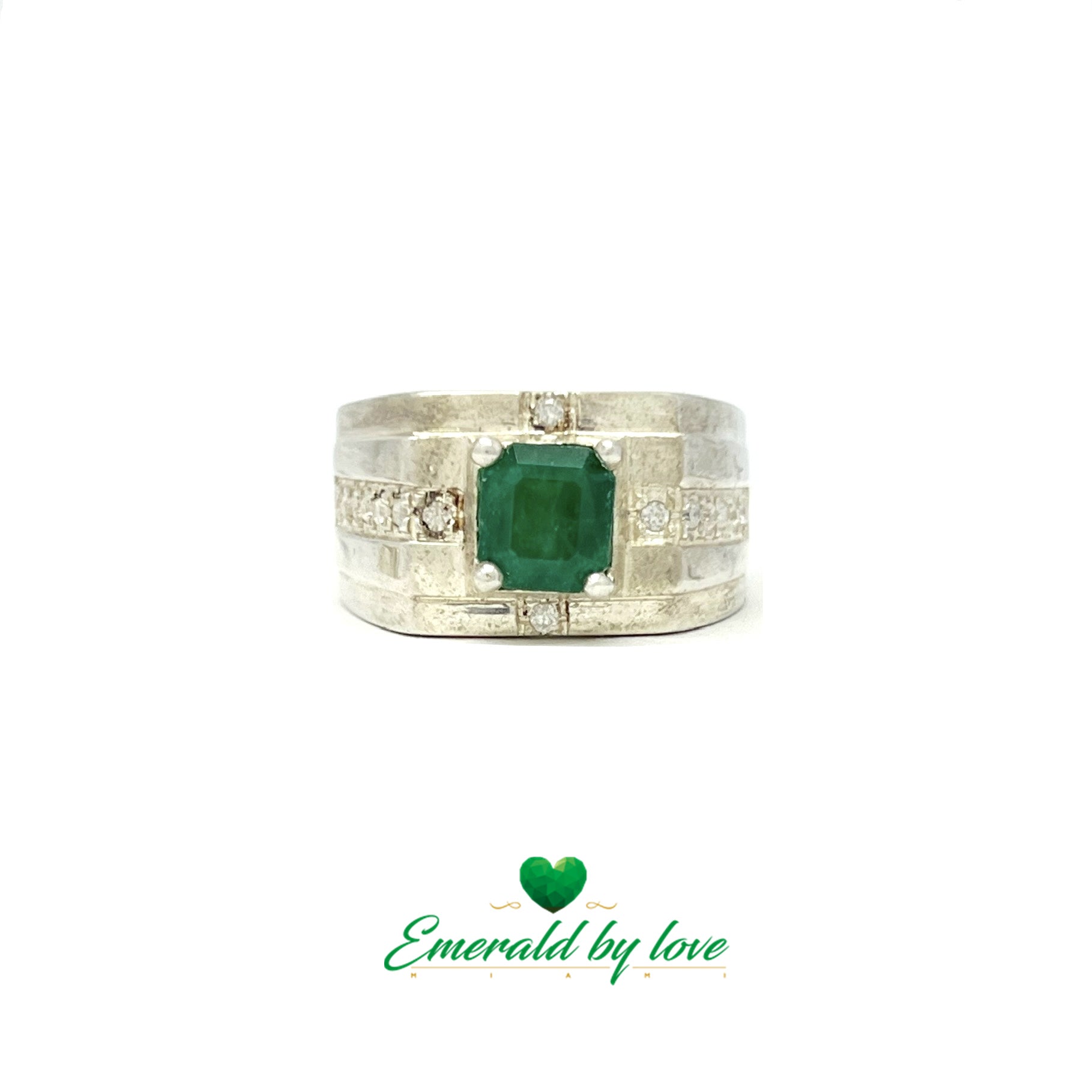 Men's Silver Ring with Square Emerald and Decorative Zircon Accents