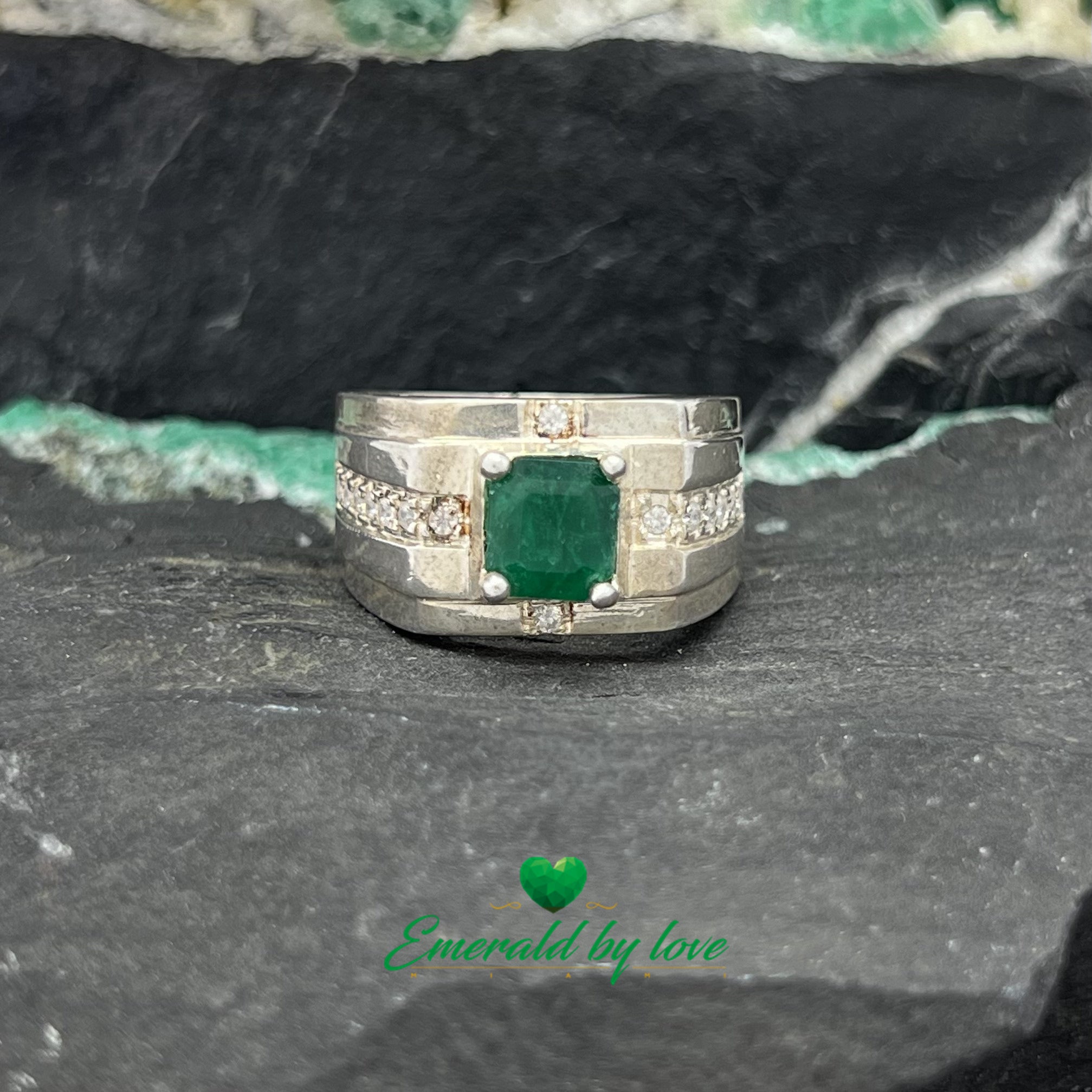 Men's Silver Ring with Square Emerald and Decorative Zircon Accents