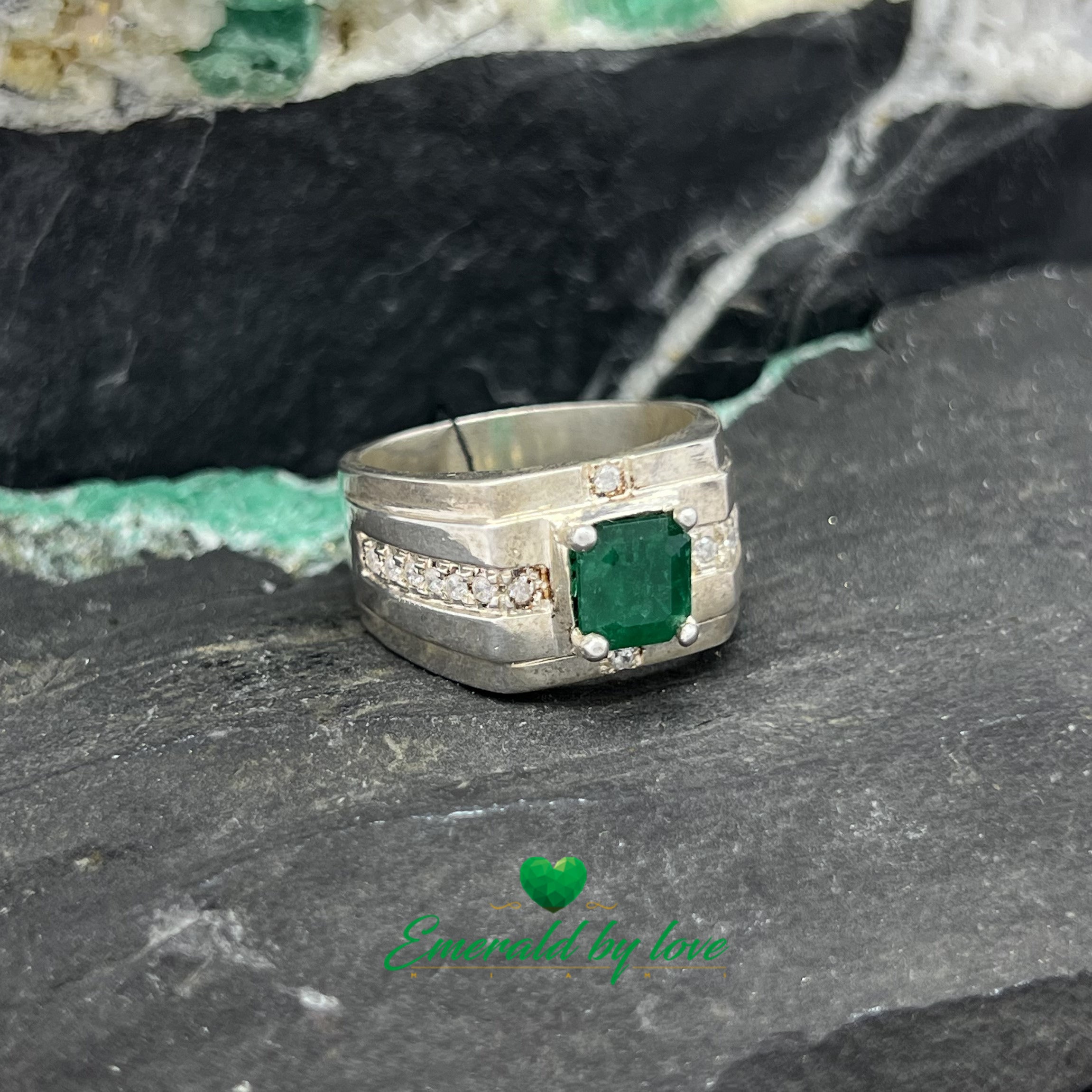 Men's Silver Ring with Square Emerald and Decorative Zircon Accents