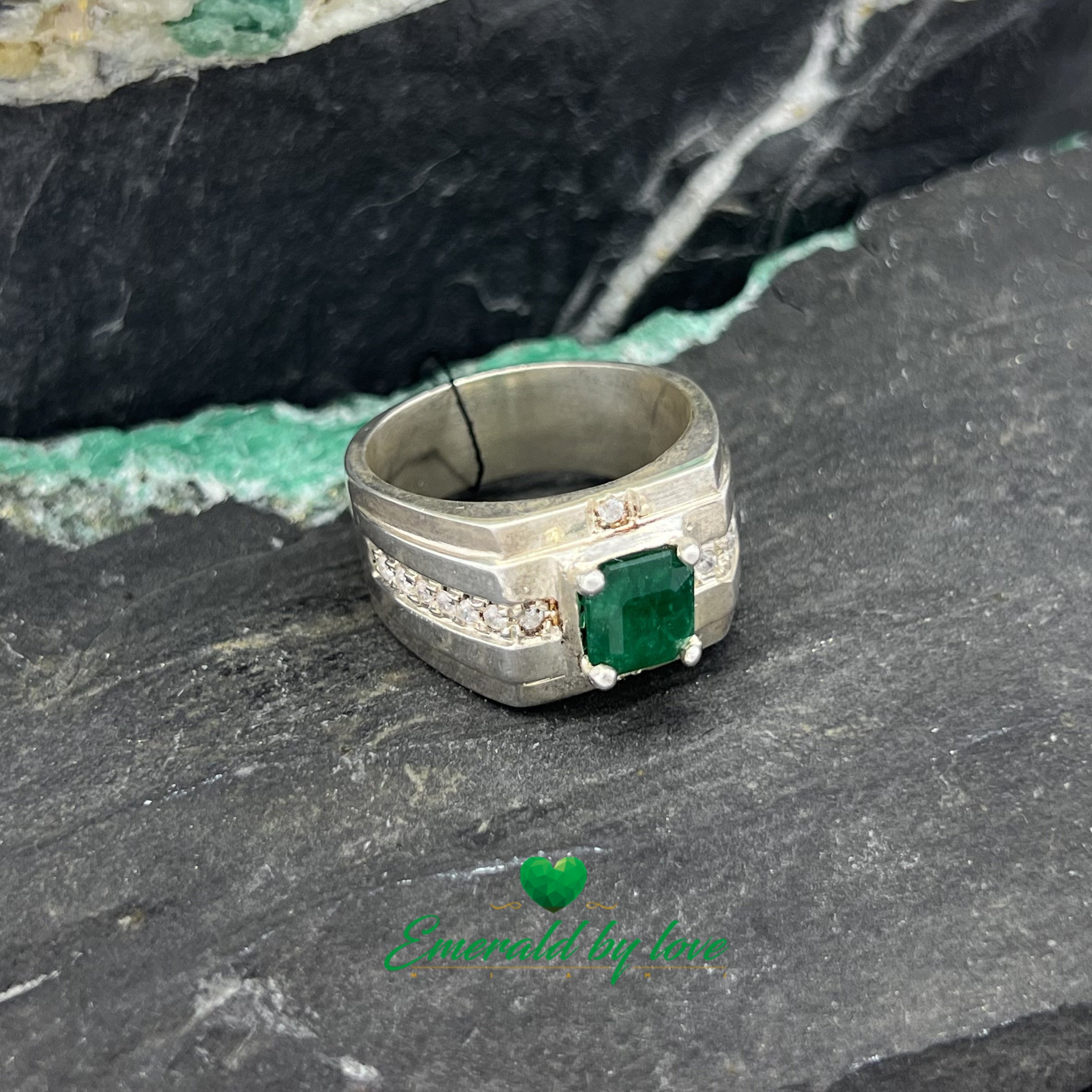 Men's Silver Ring with Square Emerald and Decorative Zircon Accents