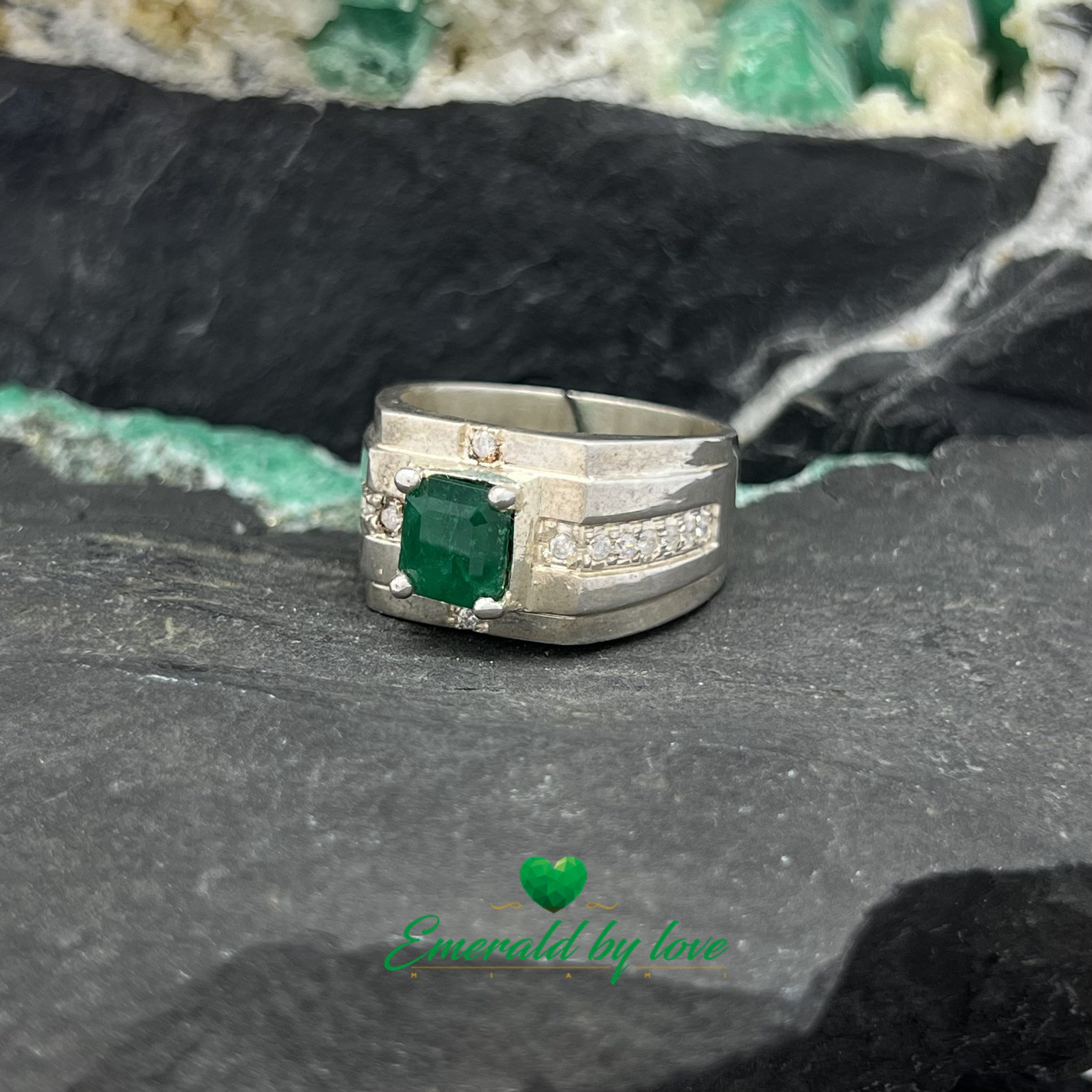 Men's Silver Ring with Square Emerald and Decorative Zircon Accents