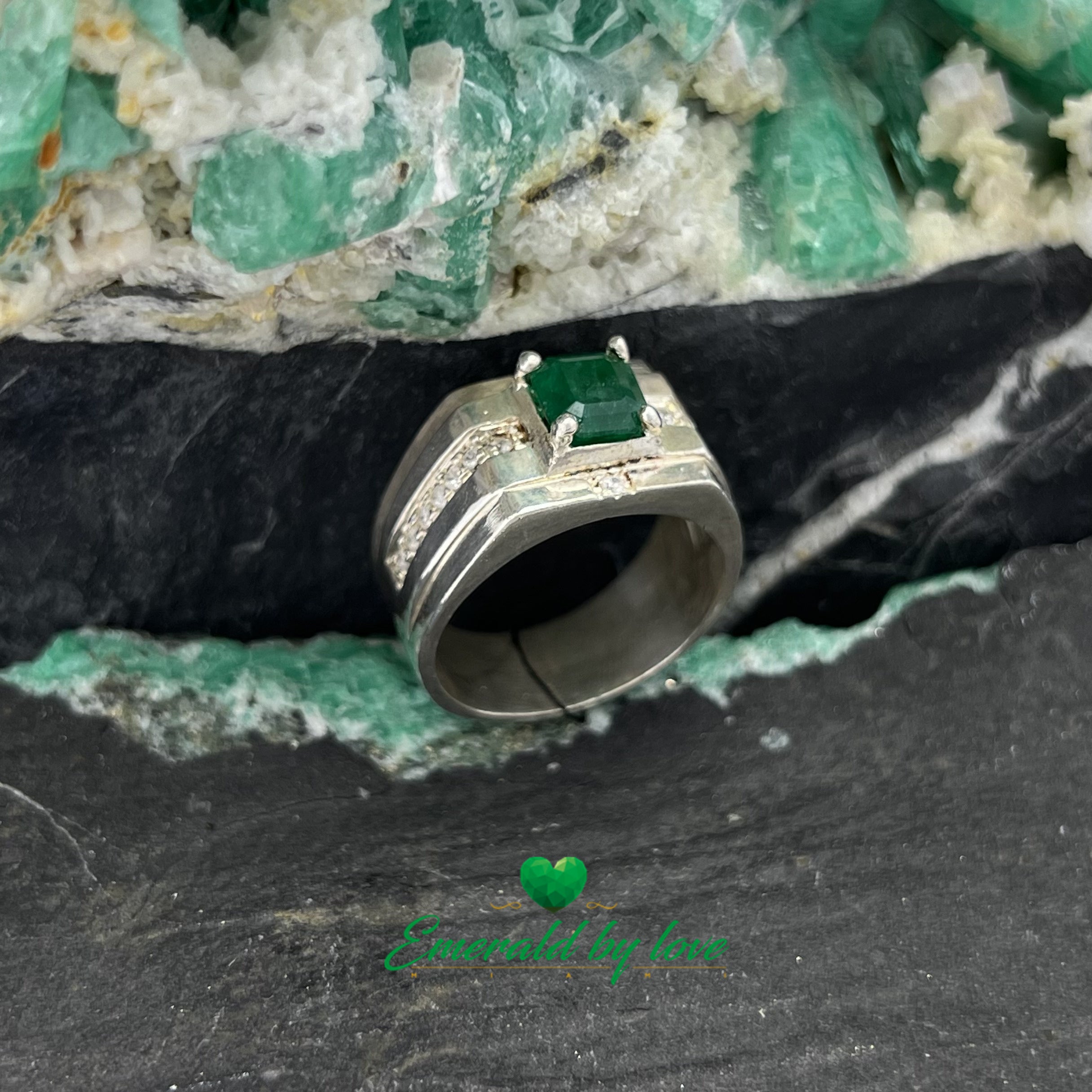 Men's Silver Ring with Square Emerald and Decorative Zircon Accents