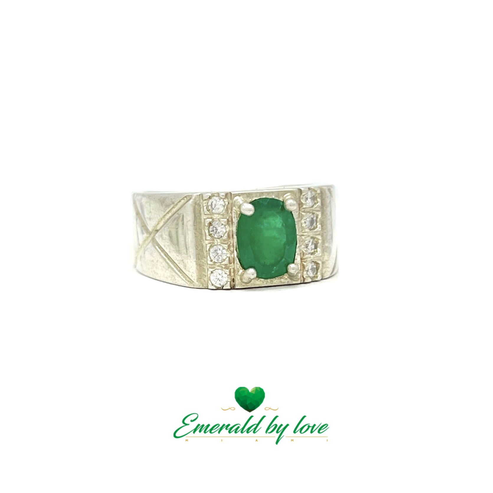 Bold Platinum Men´s Ring with Oval Emerald and Side Zircon Lines