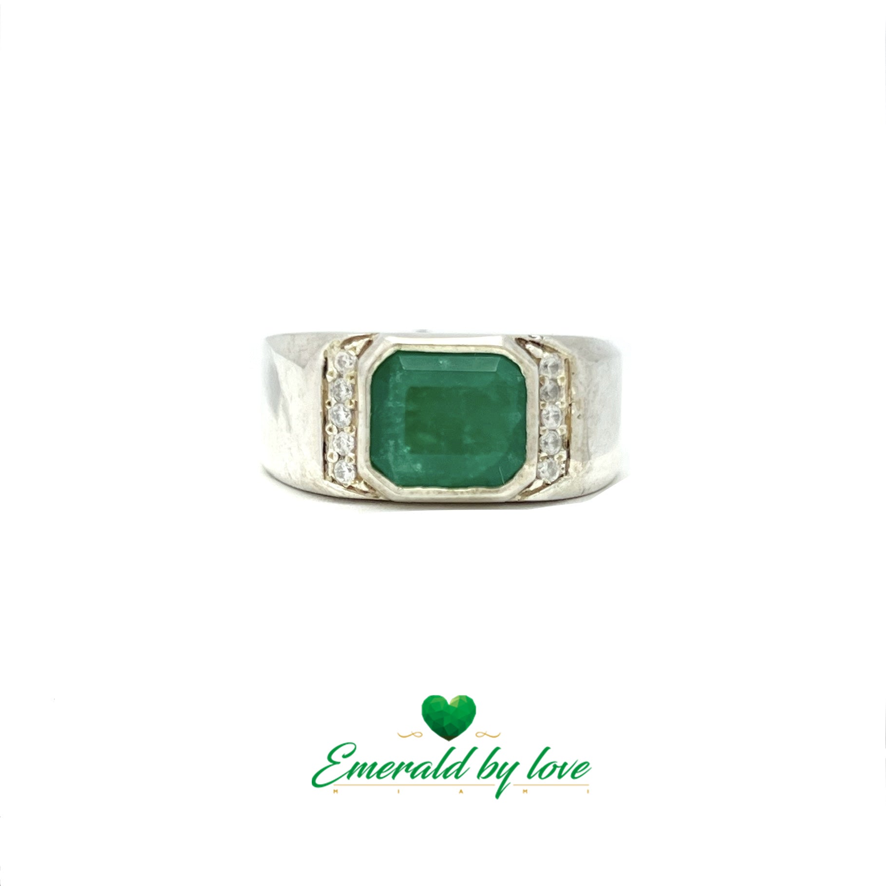 Silver Ring with Horizontal Rectangular Emerald and Side Zircon Lines