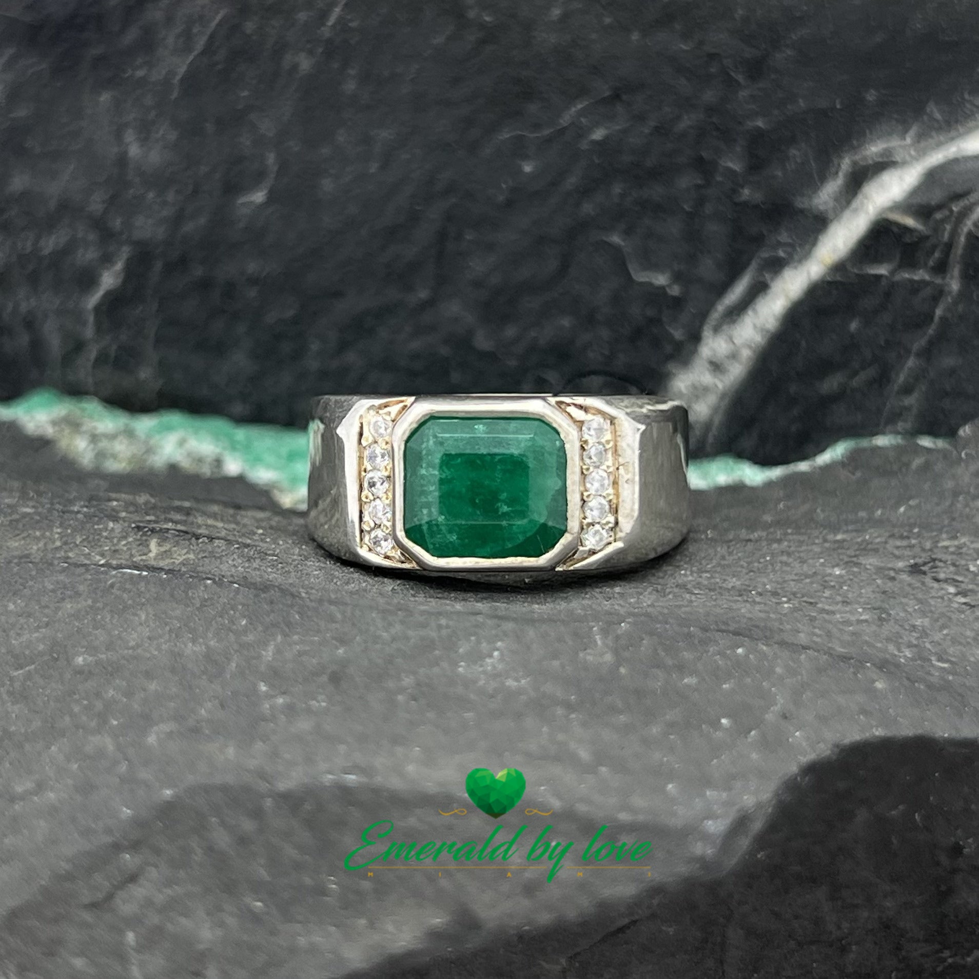 Silver Ring with Horizontal Rectangular Emerald and Side Zircon Lines