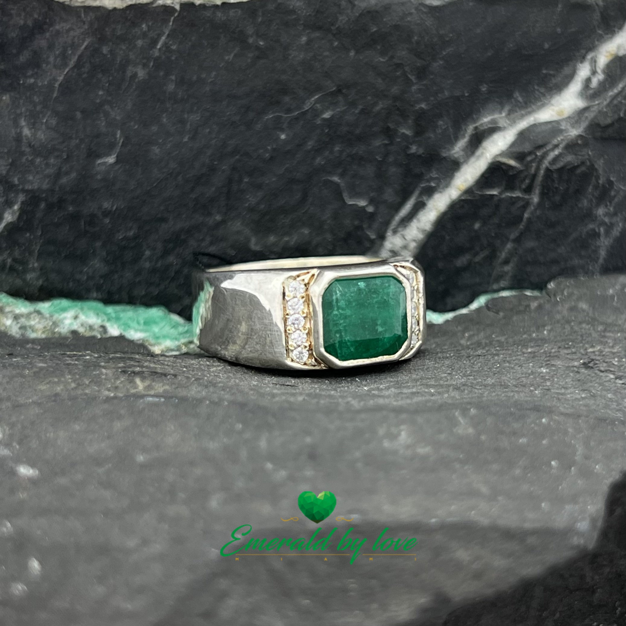 Silver Ring with Horizontal Rectangular Emerald and Side Zircon Lines