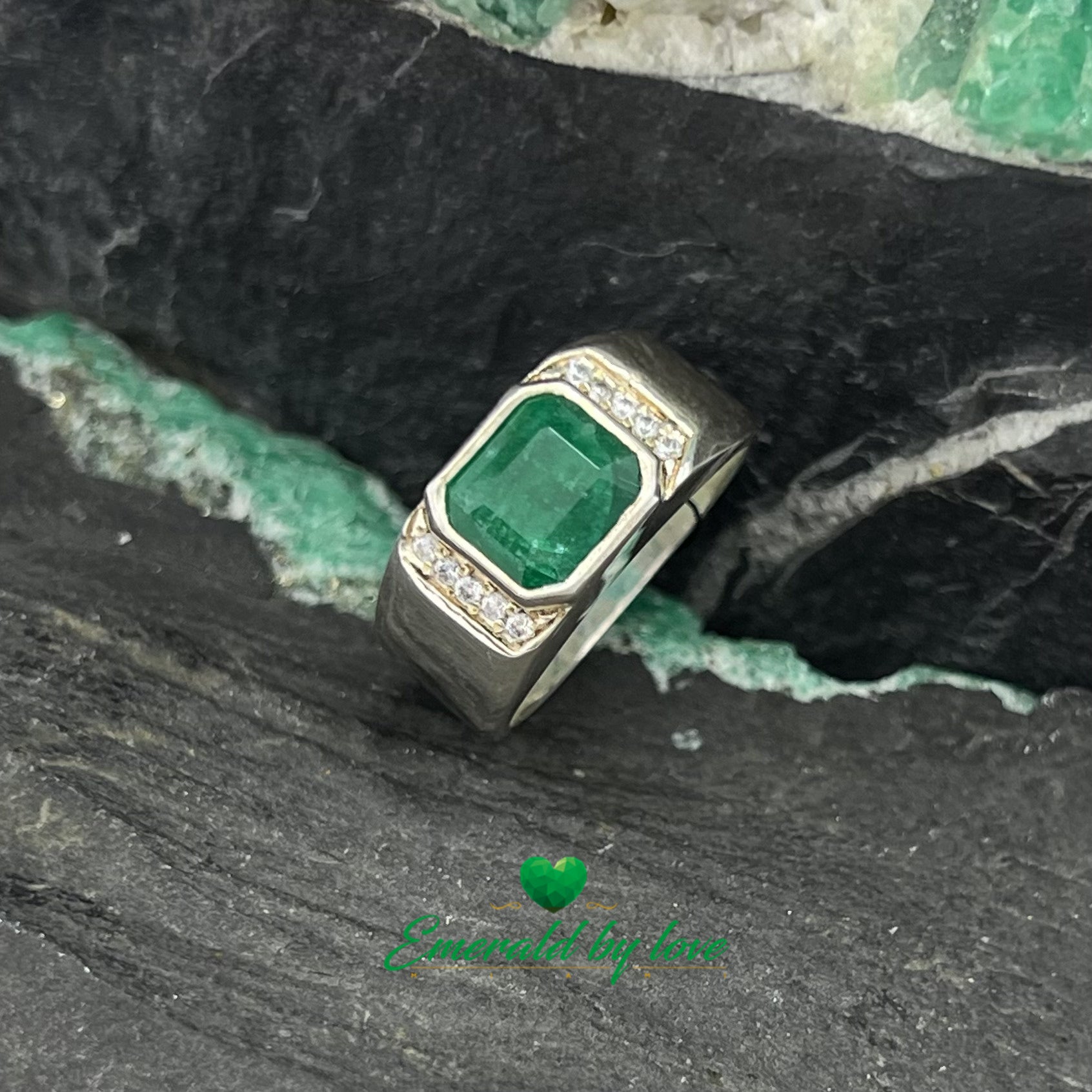 Silver Ring with Horizontal Rectangular Emerald and Side Zircon Lines