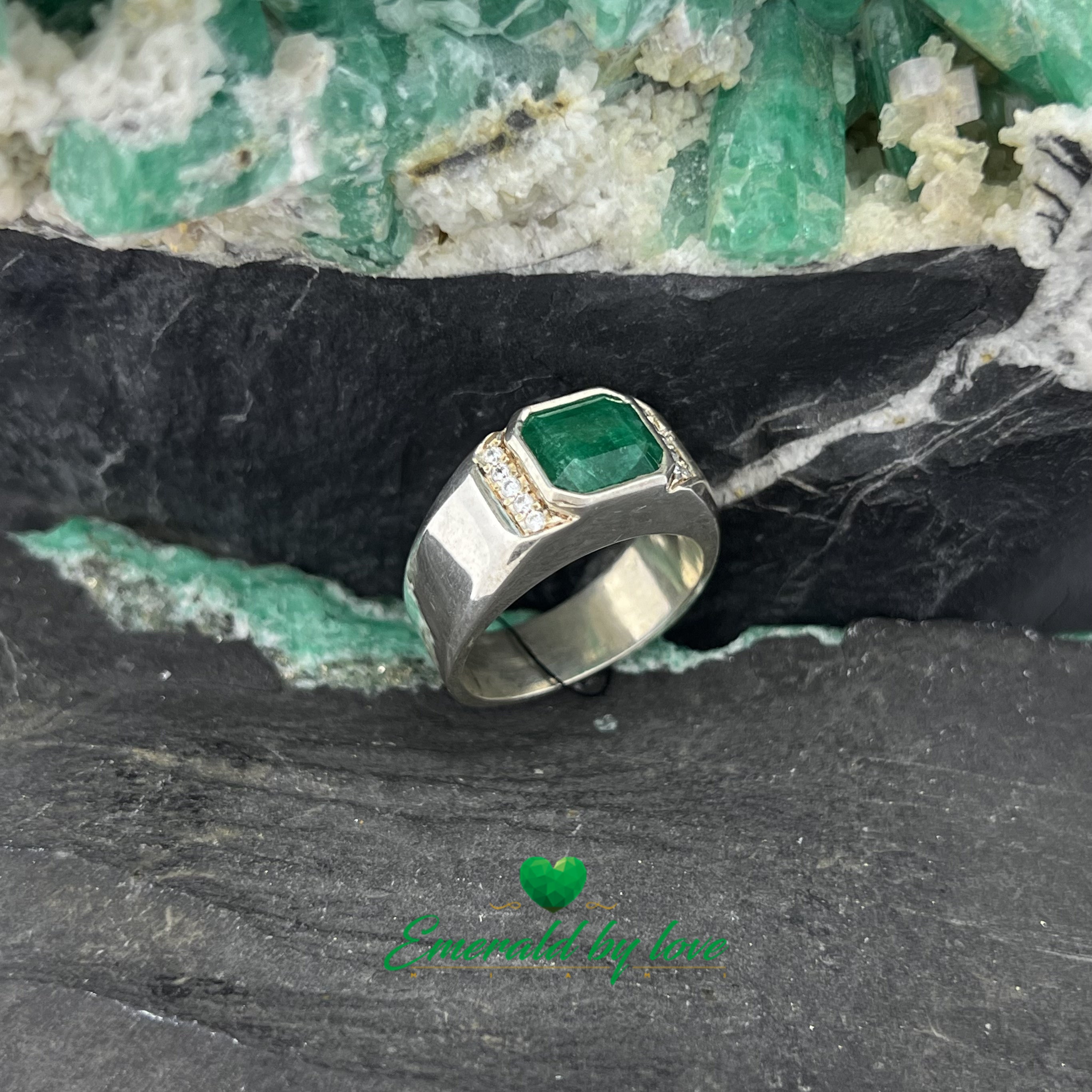 Silver Ring with Horizontal Rectangular Emerald and Side Zircon Lines