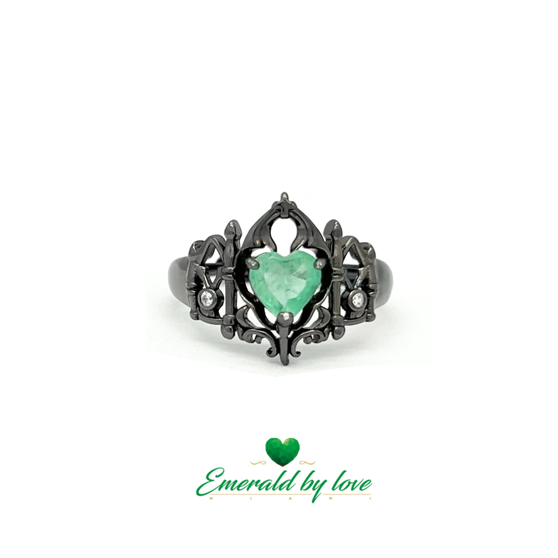 Black Rhodium Silver Crown Ring with Heart-Shaped Emerald