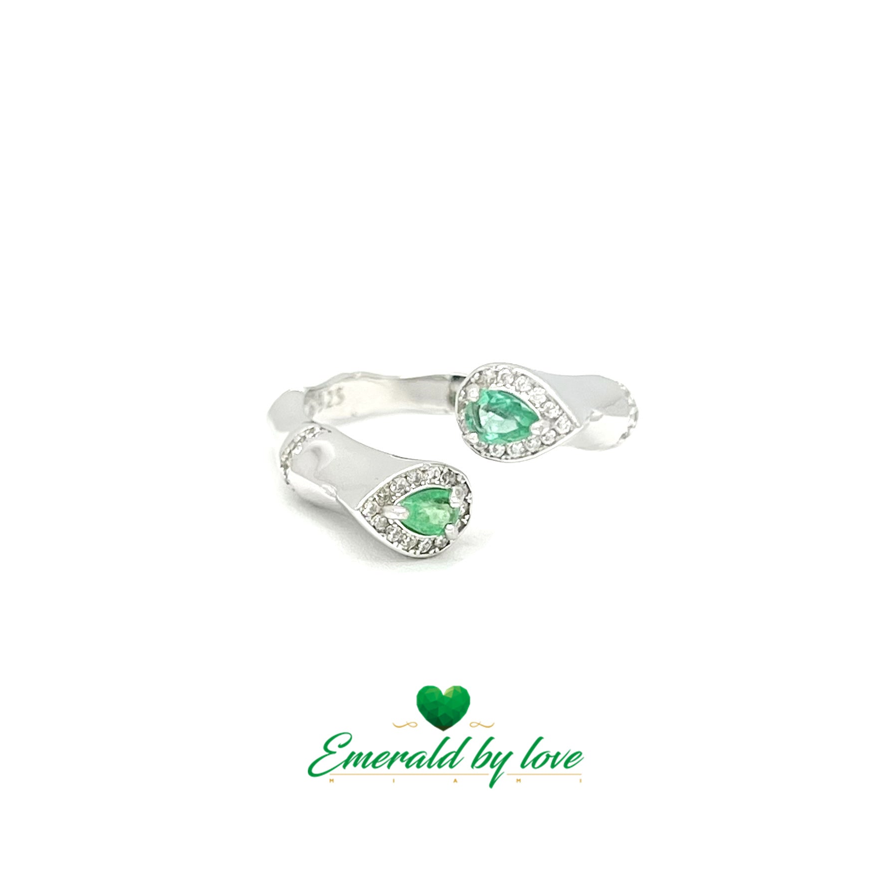 Double Teardrop Ring with Emeralds and Decorative Zircon Accents