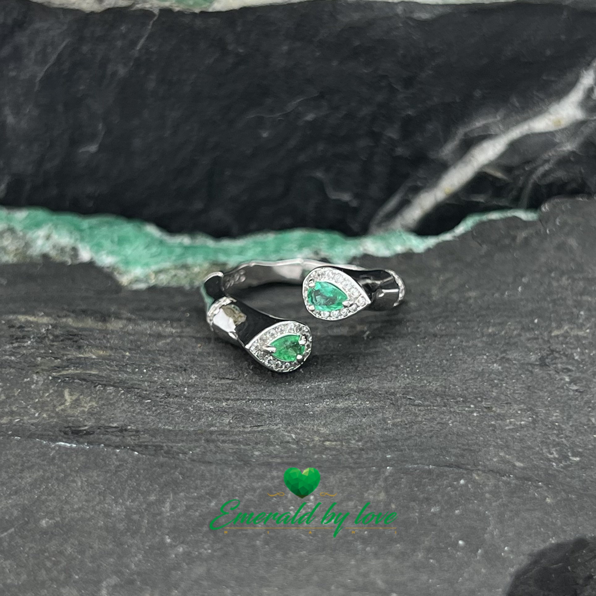 Double Teardrop Ring with Emeralds and Decorative Zircon Accents