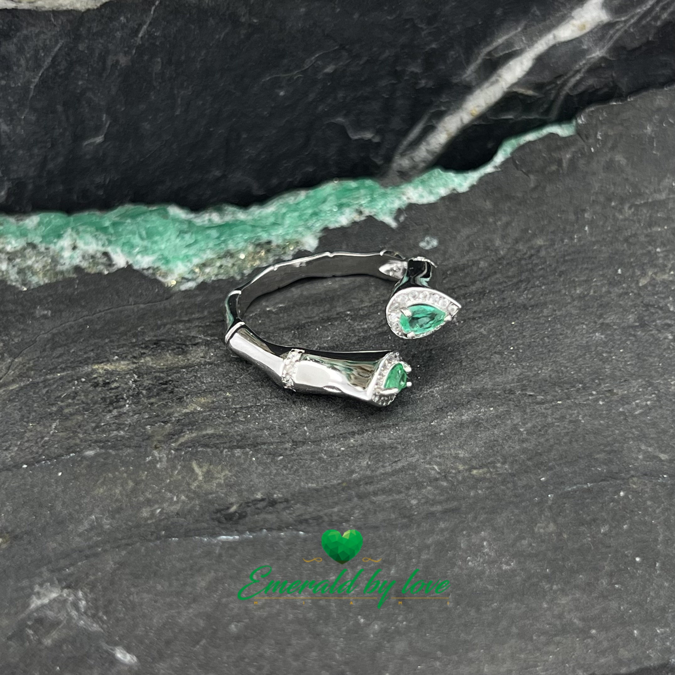 Double Teardrop Ring with Emeralds and Decorative Zircon Accents