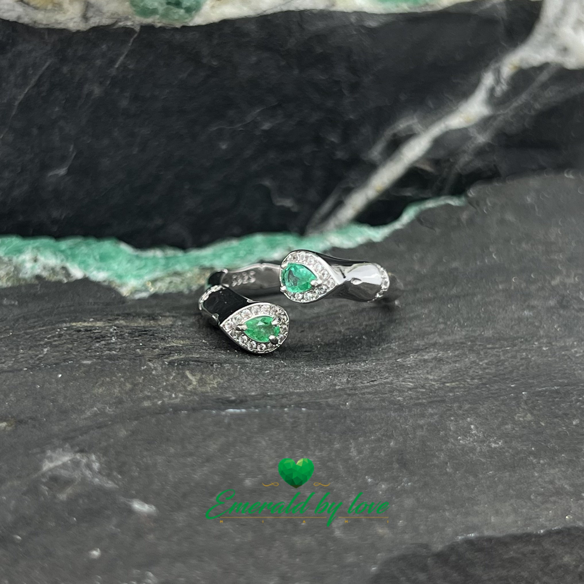 Double Teardrop Ring with Emeralds and Decorative Zircon Accents