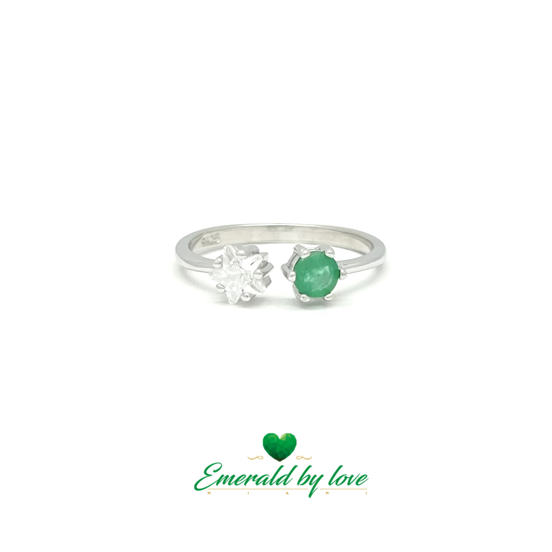 Double Point Ring with White Zircon Star and Round Emerald