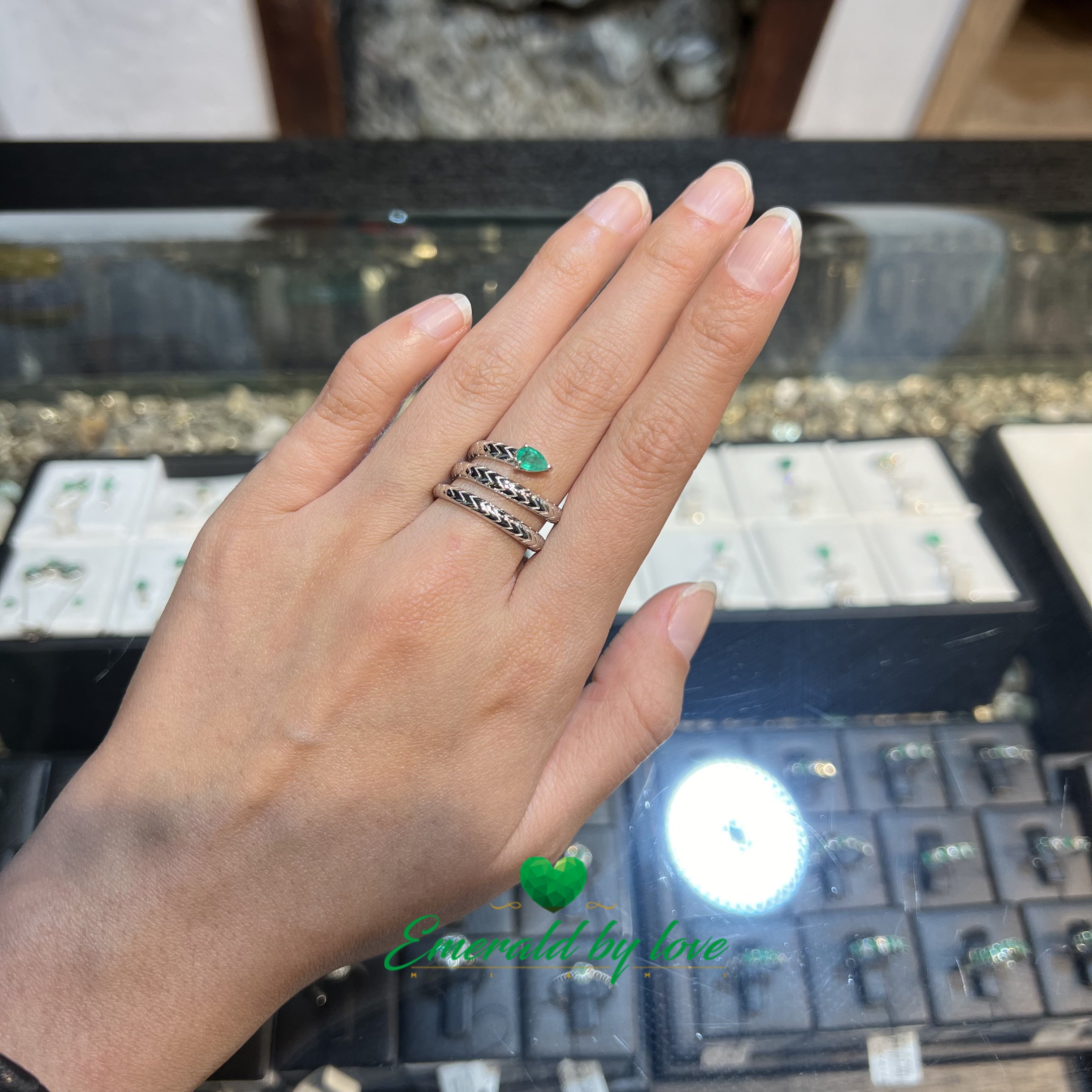 Spiral Snake Ring with Pear-Shaped Emerald at the Head