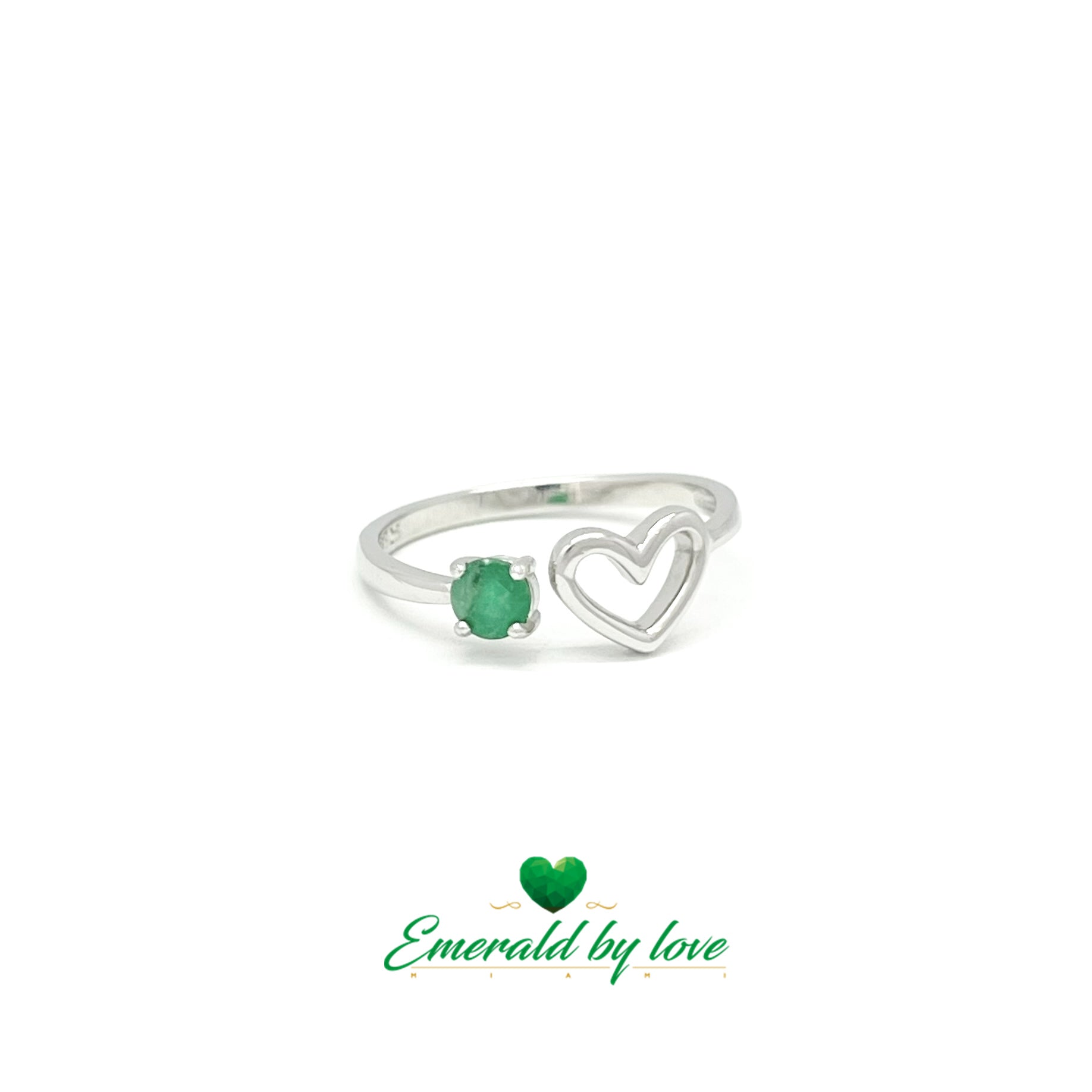 Silver Double Point Ring with Heart Line and Round Emerald