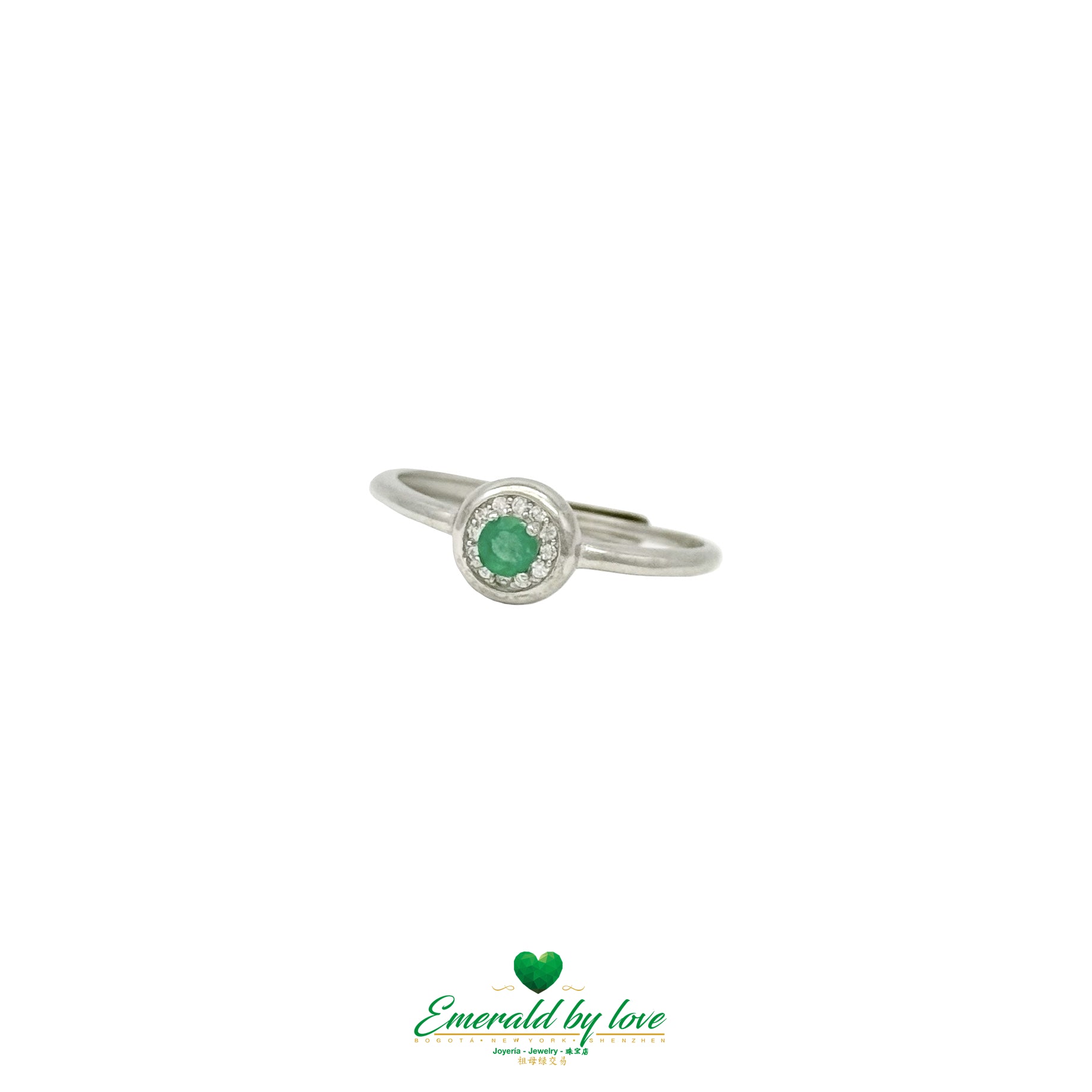 Round Marquise Halo Ring with Central Emerald & Bezel-Set Zircons