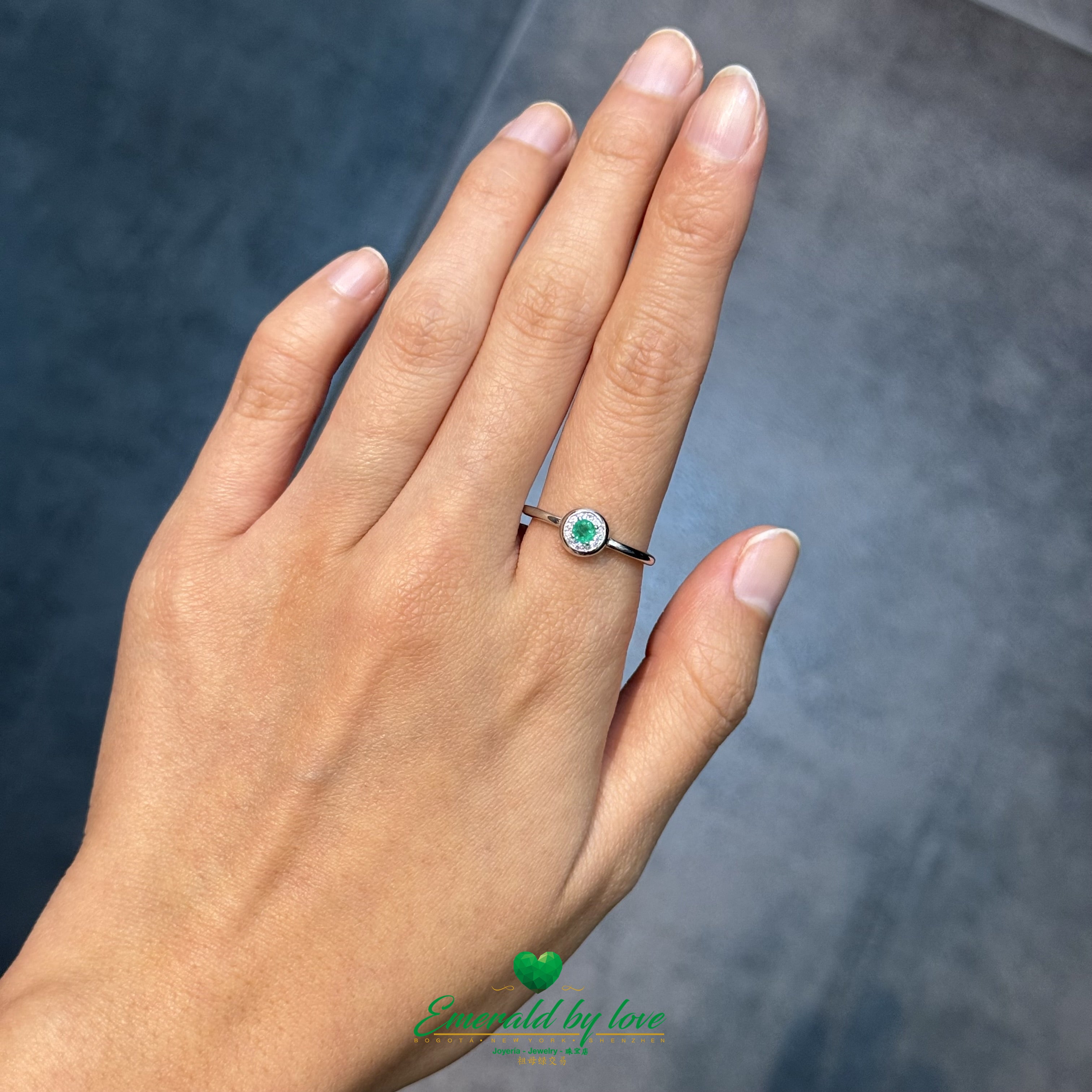 Round Marquise Halo Ring with Central Emerald & Bezel-Set Zircons