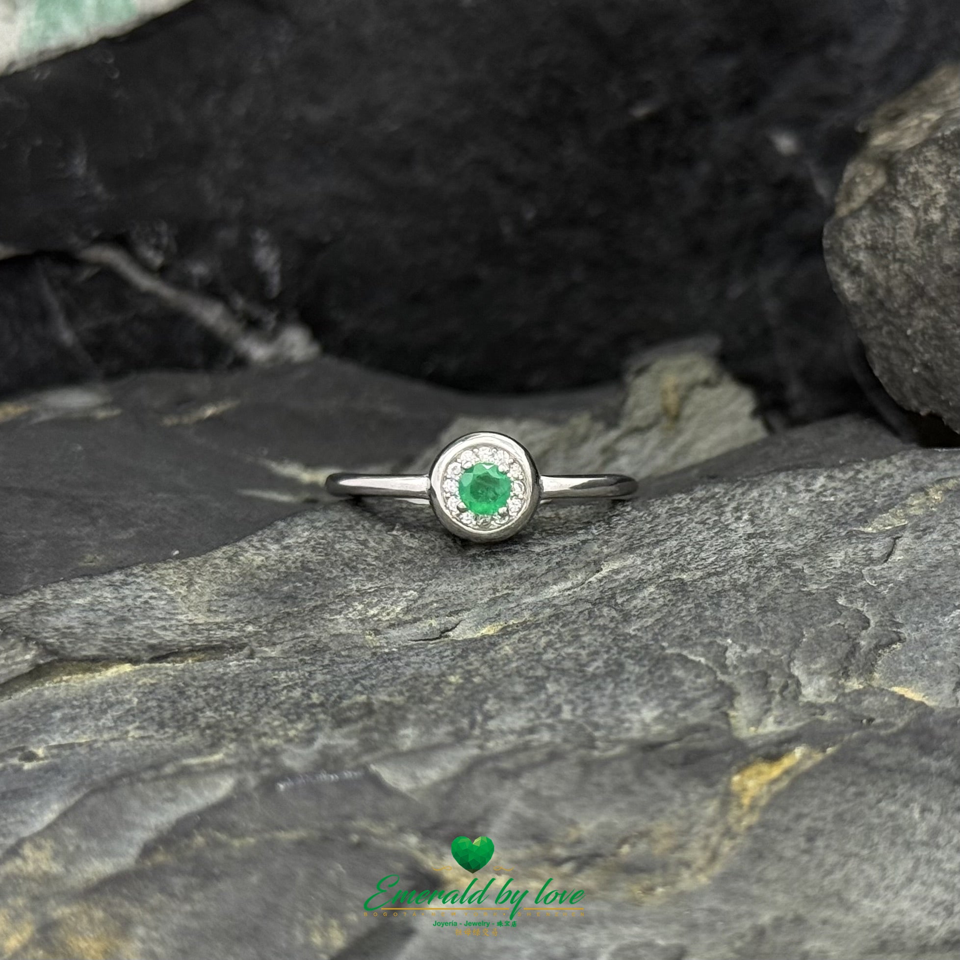 Round Marquise Halo Ring with Central Emerald & Bezel-Set Zircons