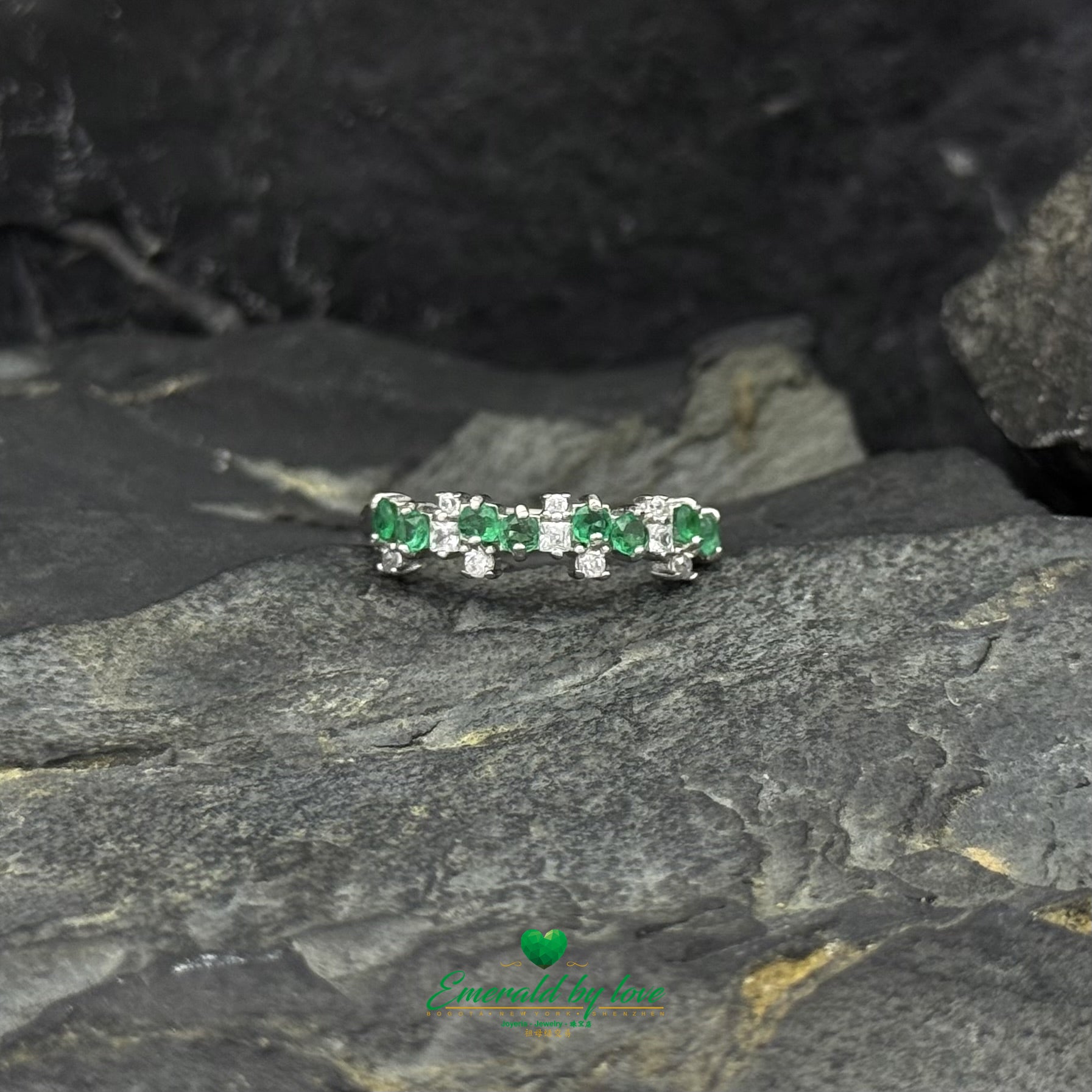 Sterling Silver Crazy Band Ring with Two Emeralds and Scattered Cubic Zirconia