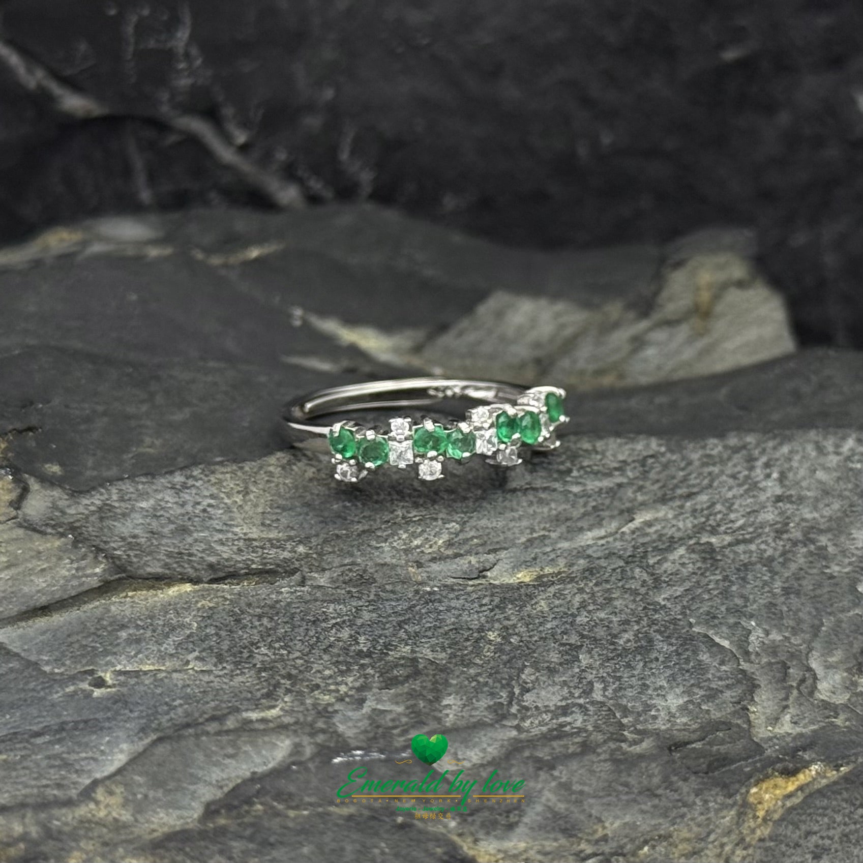 Sterling Silver Crazy Band Ring with Two Emeralds and Scattered Cubic Zirconia