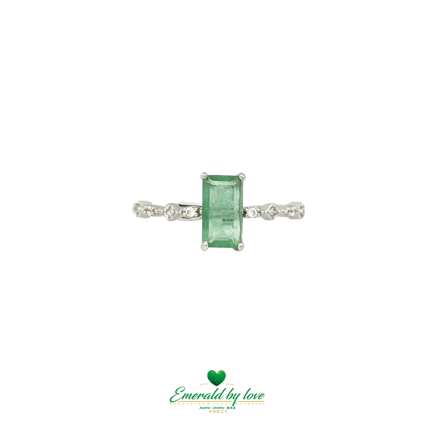 Sterling Silver Solitaire Ring with Baguette Crystal Emerald and Cubic Zirconia Band