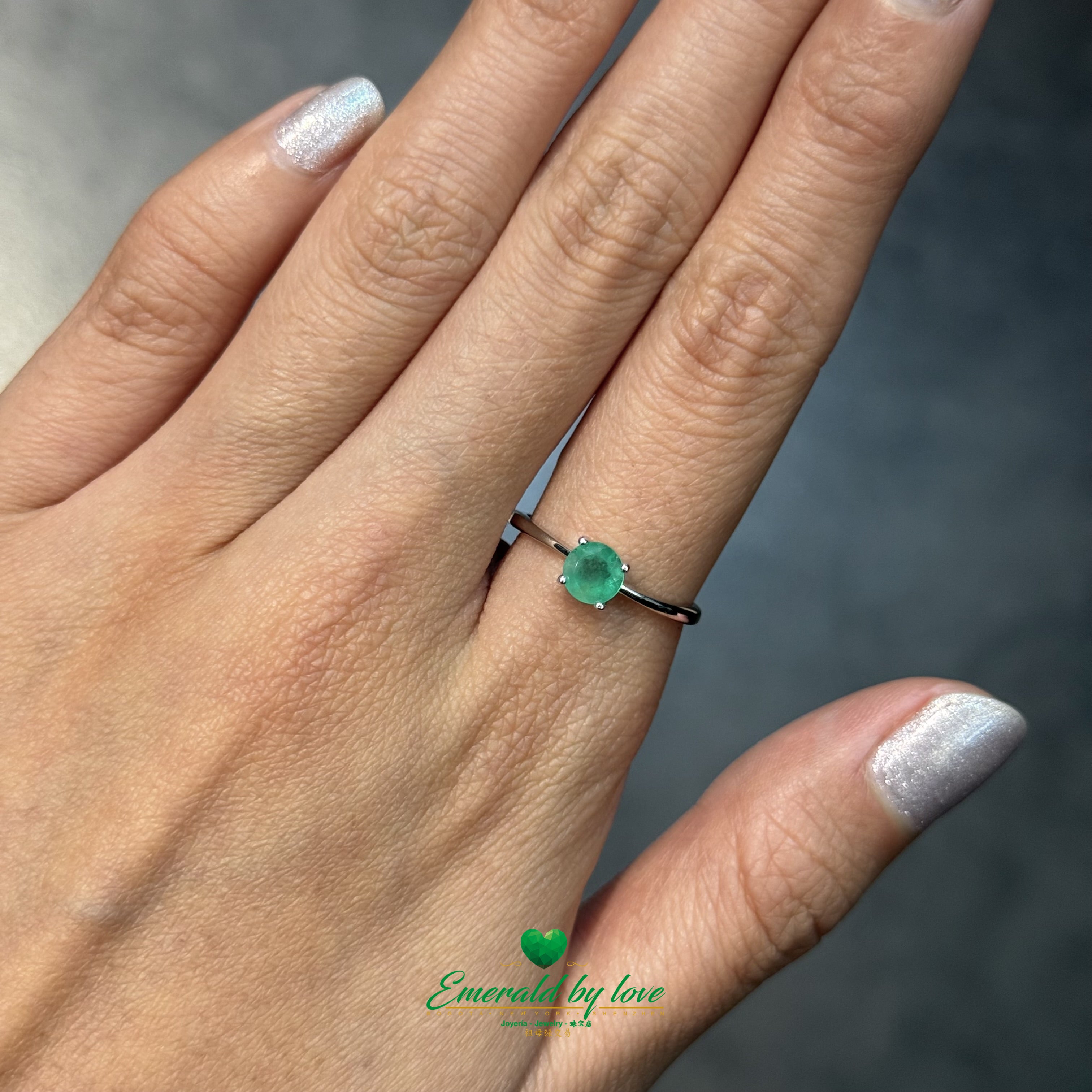 Simple Adjustable Sterling Silver Ring with Round Emerald in 4-Prong Setting