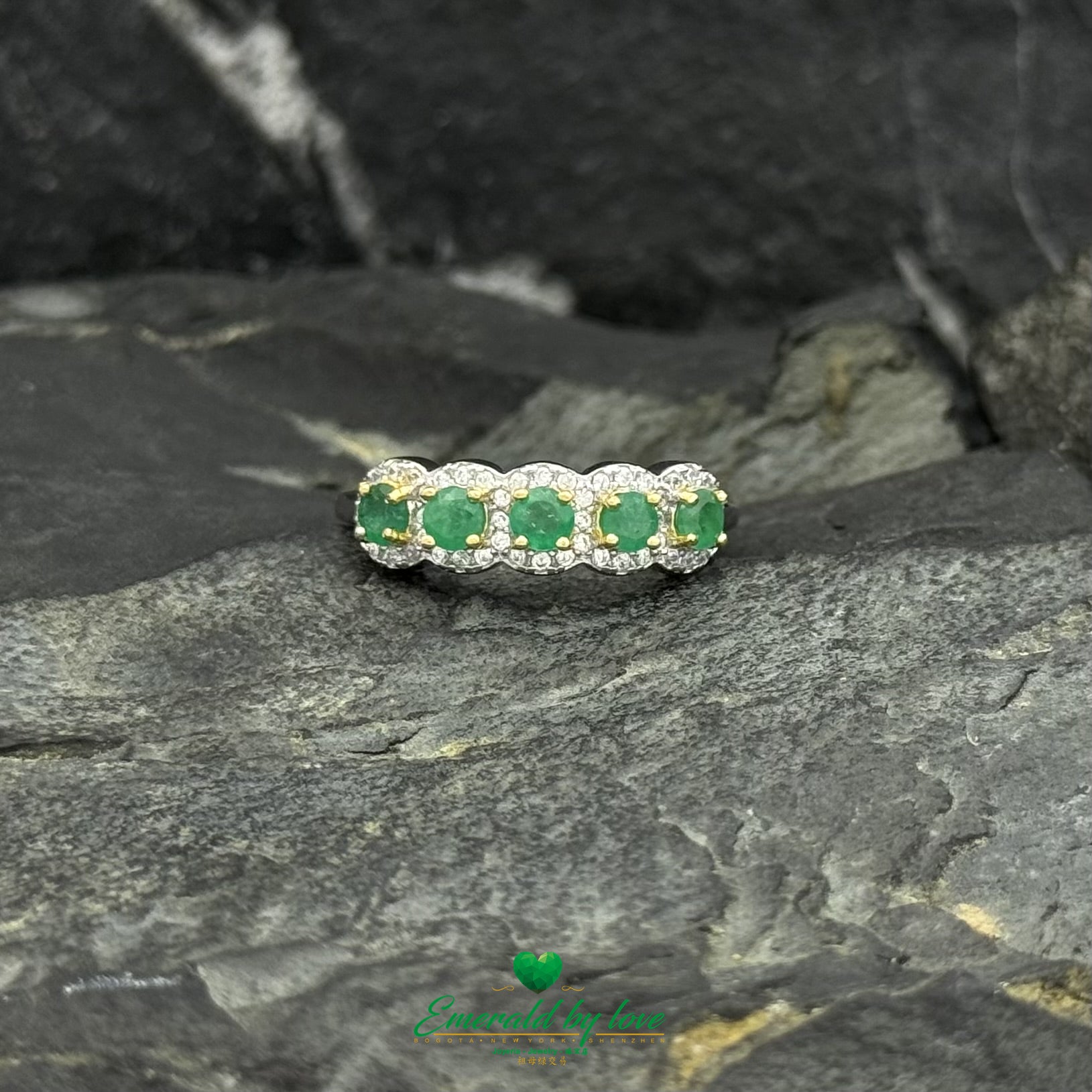 Gold Plated Prong Emerald Band with Zircon Halos