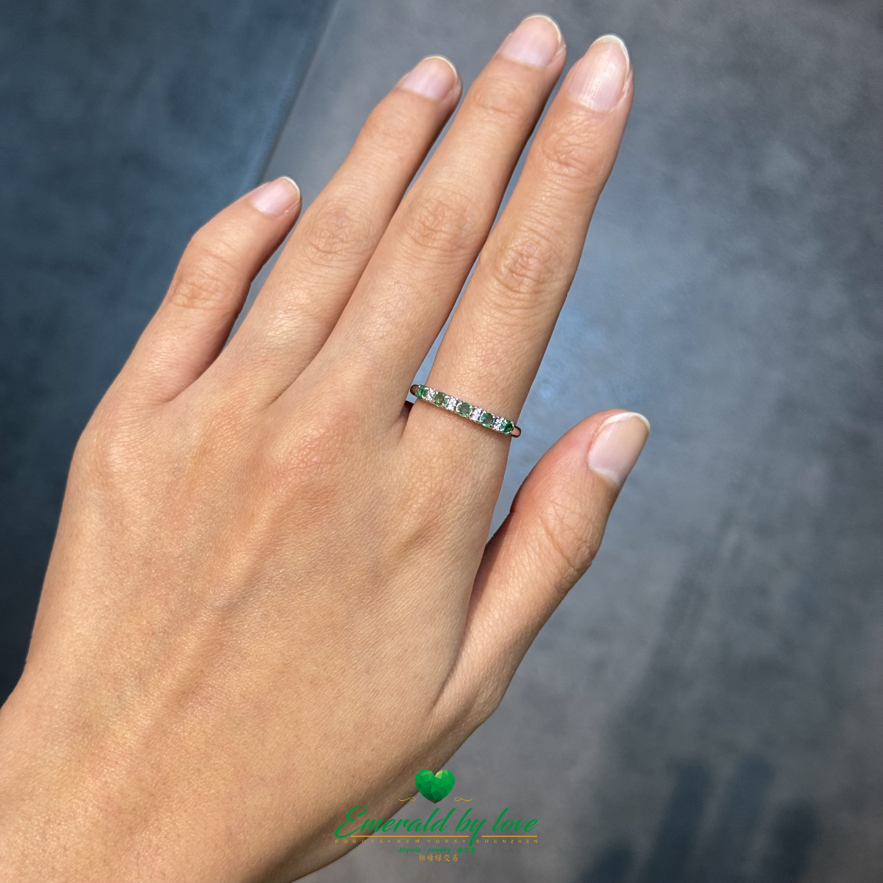 Emerald and White Zircon Alternating Band Ring