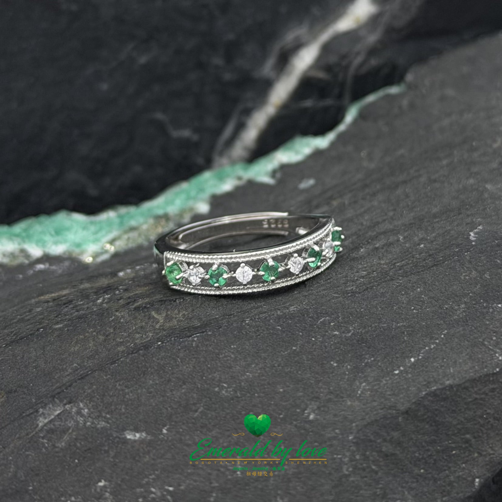 Open Band Ring with Small Round Emeralds and Zircons